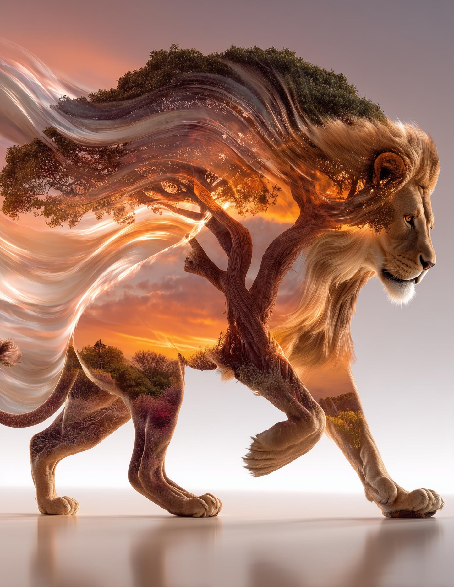 Lion — Double Exposure Art, Forest Mist Digital Wall Art, 3 Sizes Included, Living Room Decor