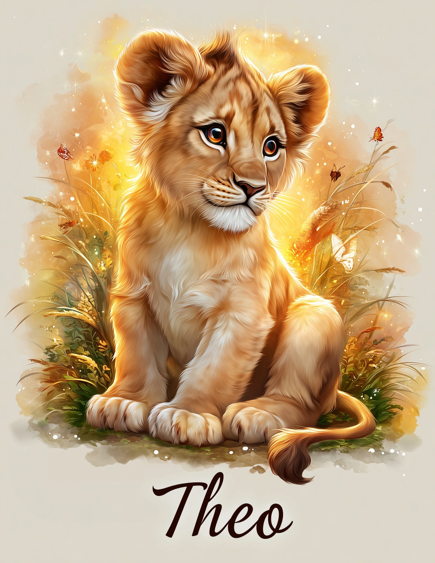 Lion Watercolor Personalized Art Amber Glow Digital Wall Art, 3 Sizes Included, Living Room Decor