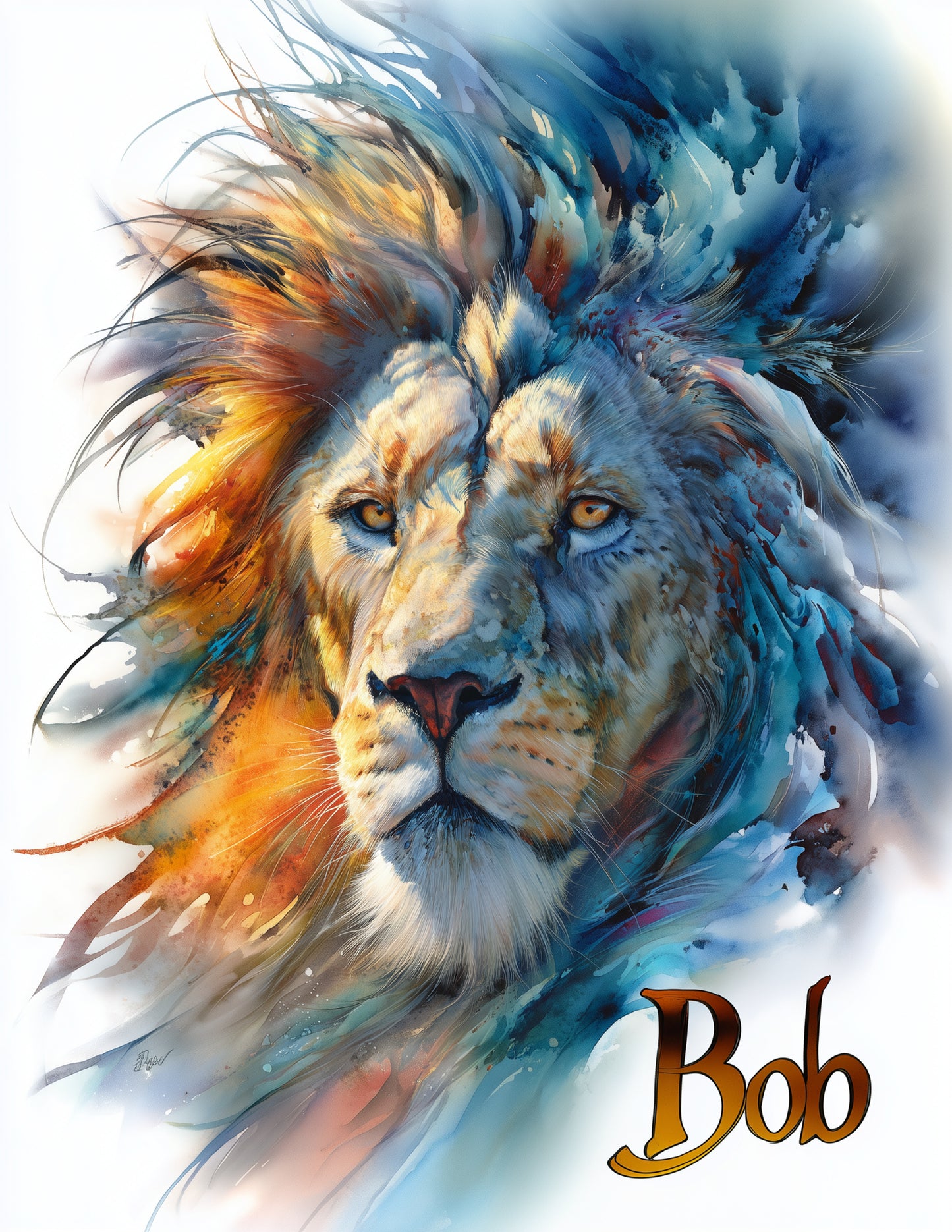 Lion Watercolor Personalized Art Bold Hues Digital Wall Art, 3 Sizes Included, Living Room Decor