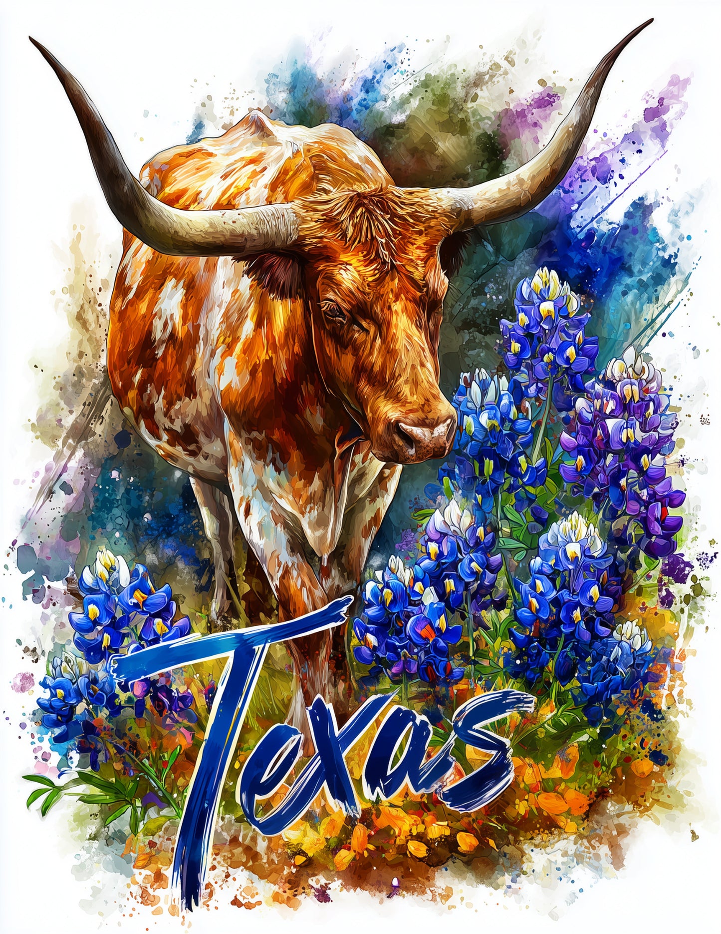 Longhorn Texas — Watercolor Art, Soft Pastels Digital Wall Art, 3 Sizes Included, Living Room Decor