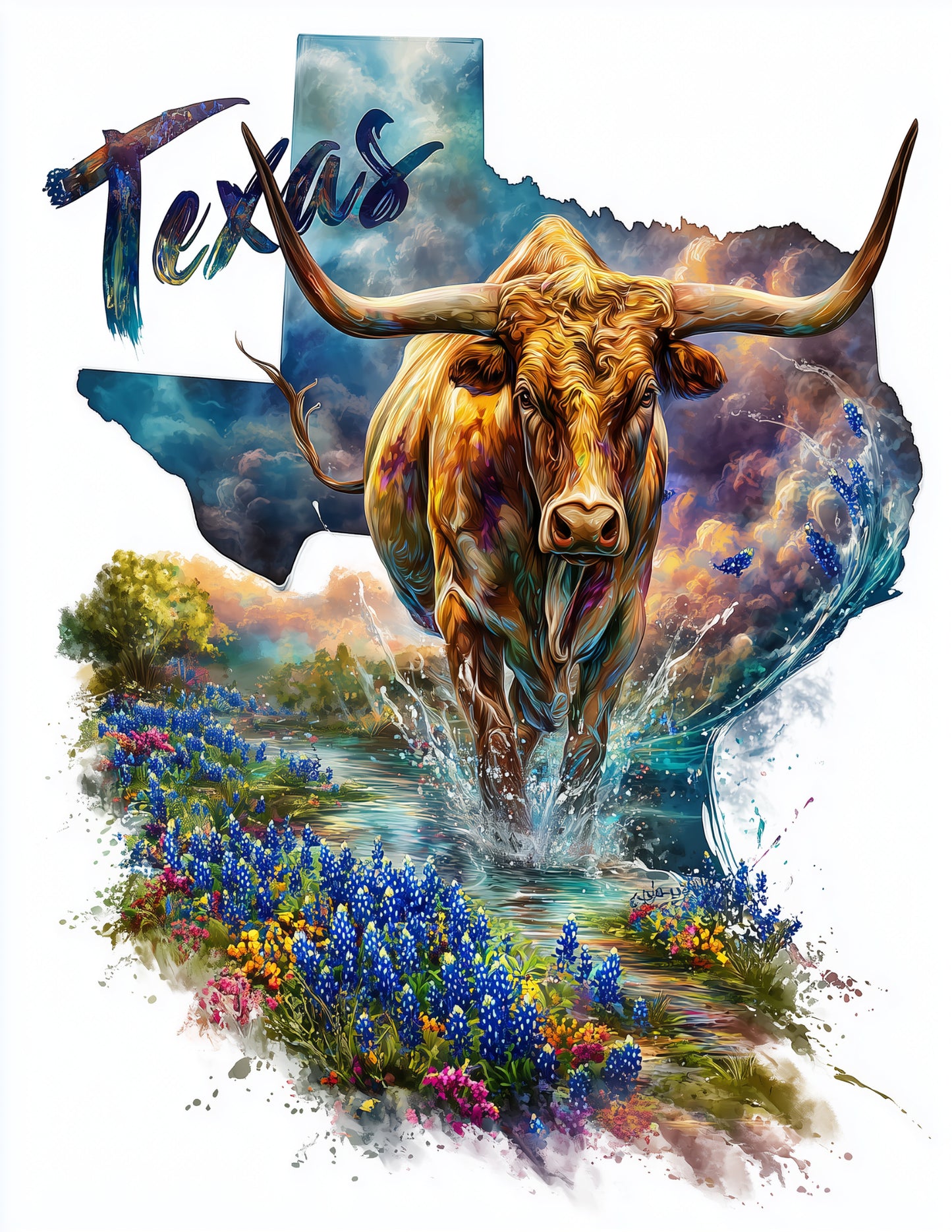 Longhorn Texas — Watercolor Art, Vibrant Palette Digital Wall Art, 3 Sizes Included, Living Room Decor