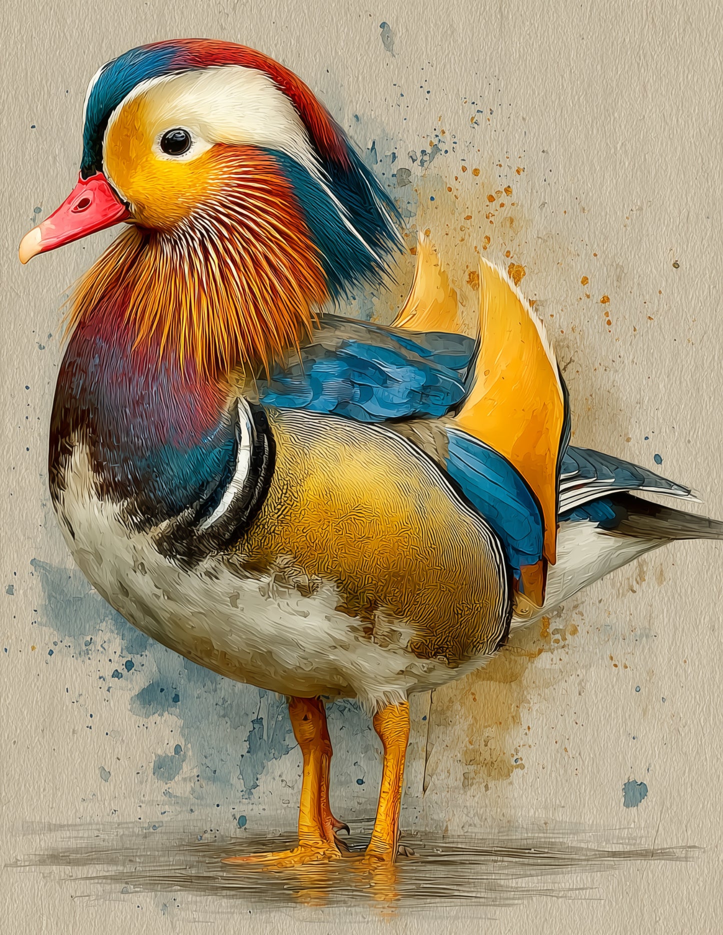 Mandarin Duck — Watercolor Art, Ink Splash Digital Wall Art, 3 Sizes Included, Living Room Decor