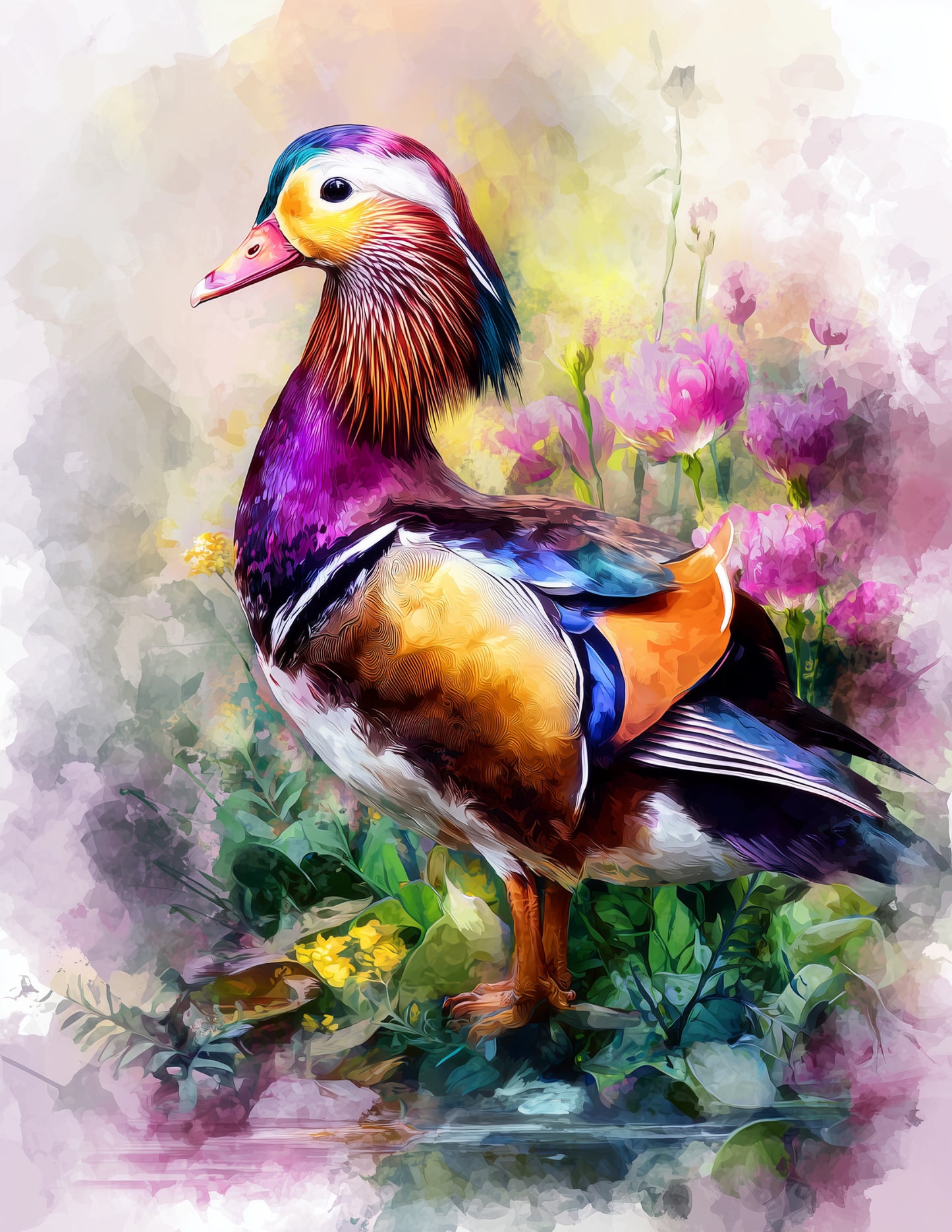 Mandarin Duck — Watercolor Art, Soft Pastels Digital Wall Art, 3 Sizes Included, Living Room Decor