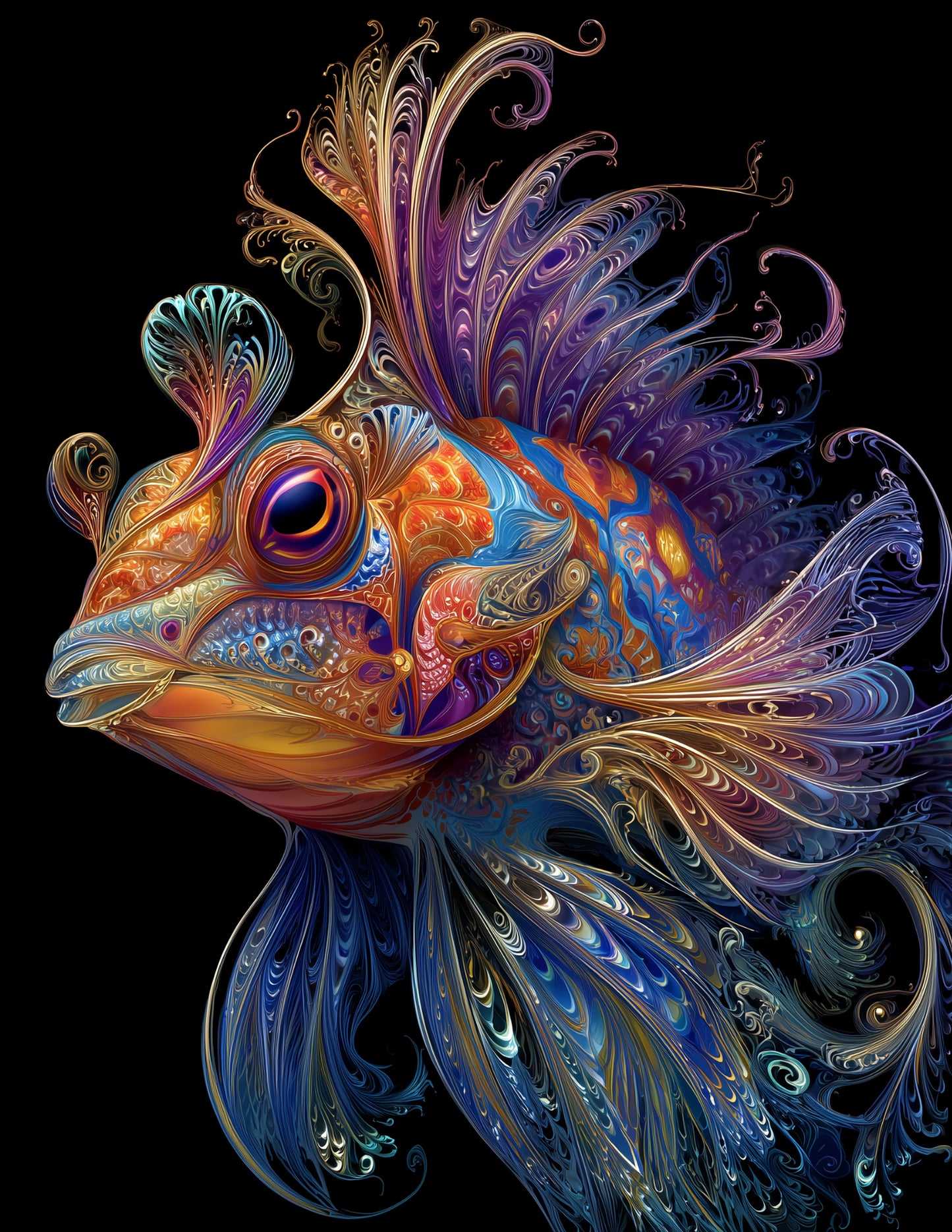 Mandarinfish — Fractal Filigree Art, Sapphire Palette Digital Wall Art, 3 Sizes Included, Living Room Decor