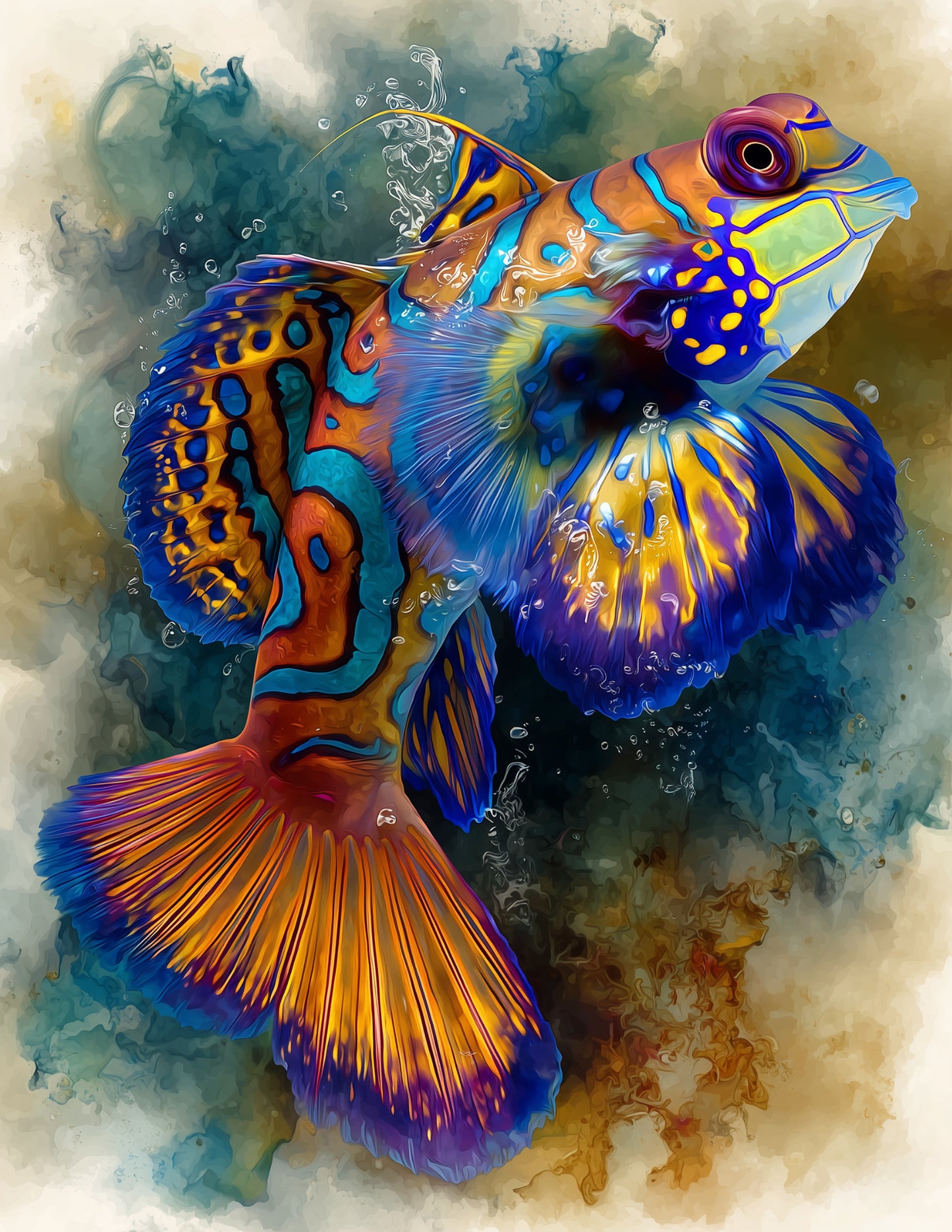 Mandarinfish — Watercolor Art, Bold Contrast Digital Wall Art, 3 Sizes Included, Living Room Decor