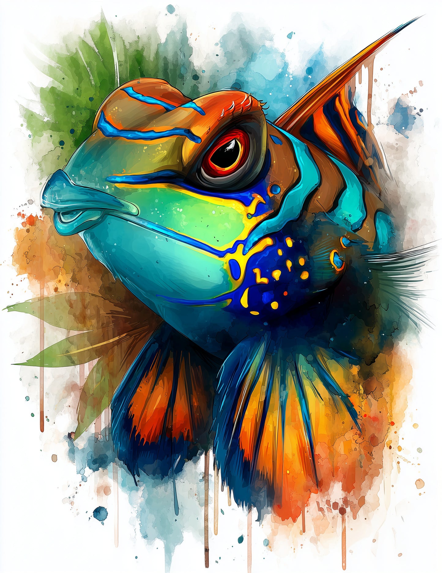 Mandarinfish — Watercolor Art, Vibrant Palette Digital Wall Art, 3 Sizes Included, Living Room Decor