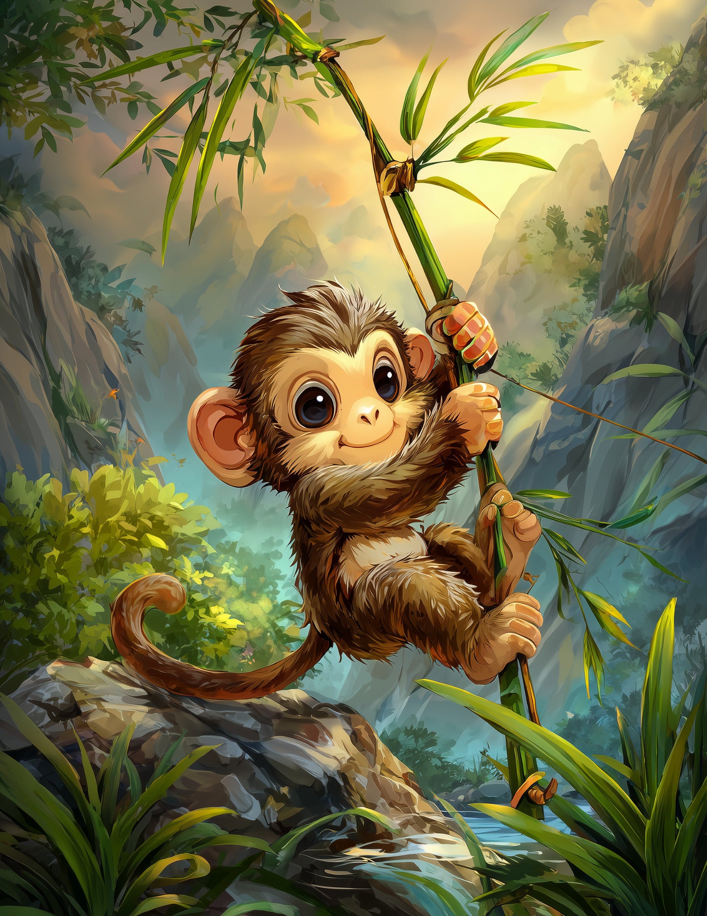 Monkey — Cute Cartoon Art, Calm Mood Digital Wall Art, 3 Sizes Included, Nursery Decor