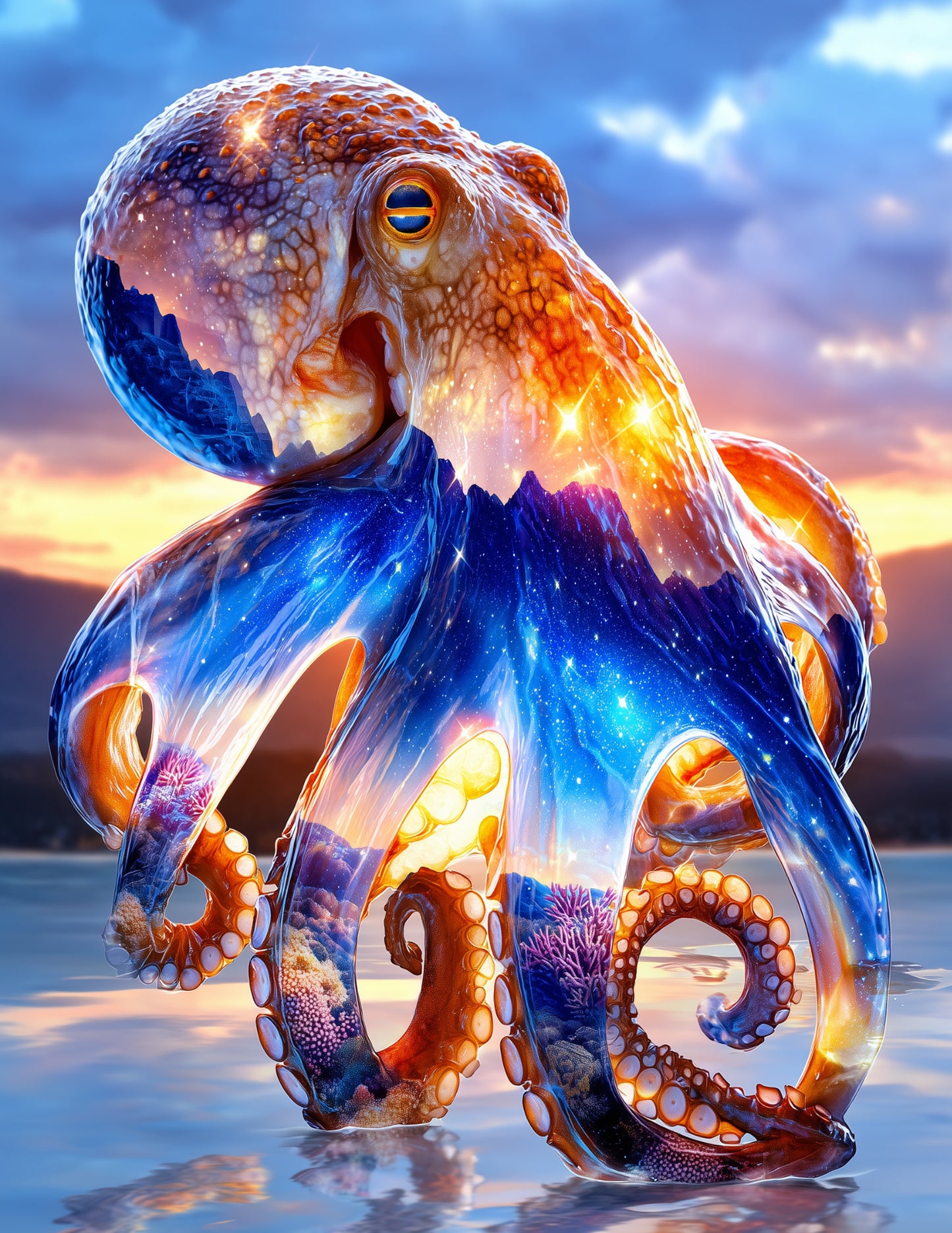 Octopus — Double-Exposure Art, Cosmic Light Digital Wall Art, 3 Sizes Included, Living Room Decor