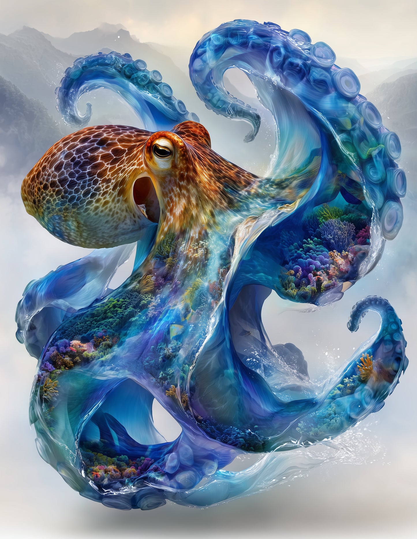 Octopus — Double-Exposure Art, Reef Hues Digital Wall Art, 3 Sizes Included, Living Room Decor
