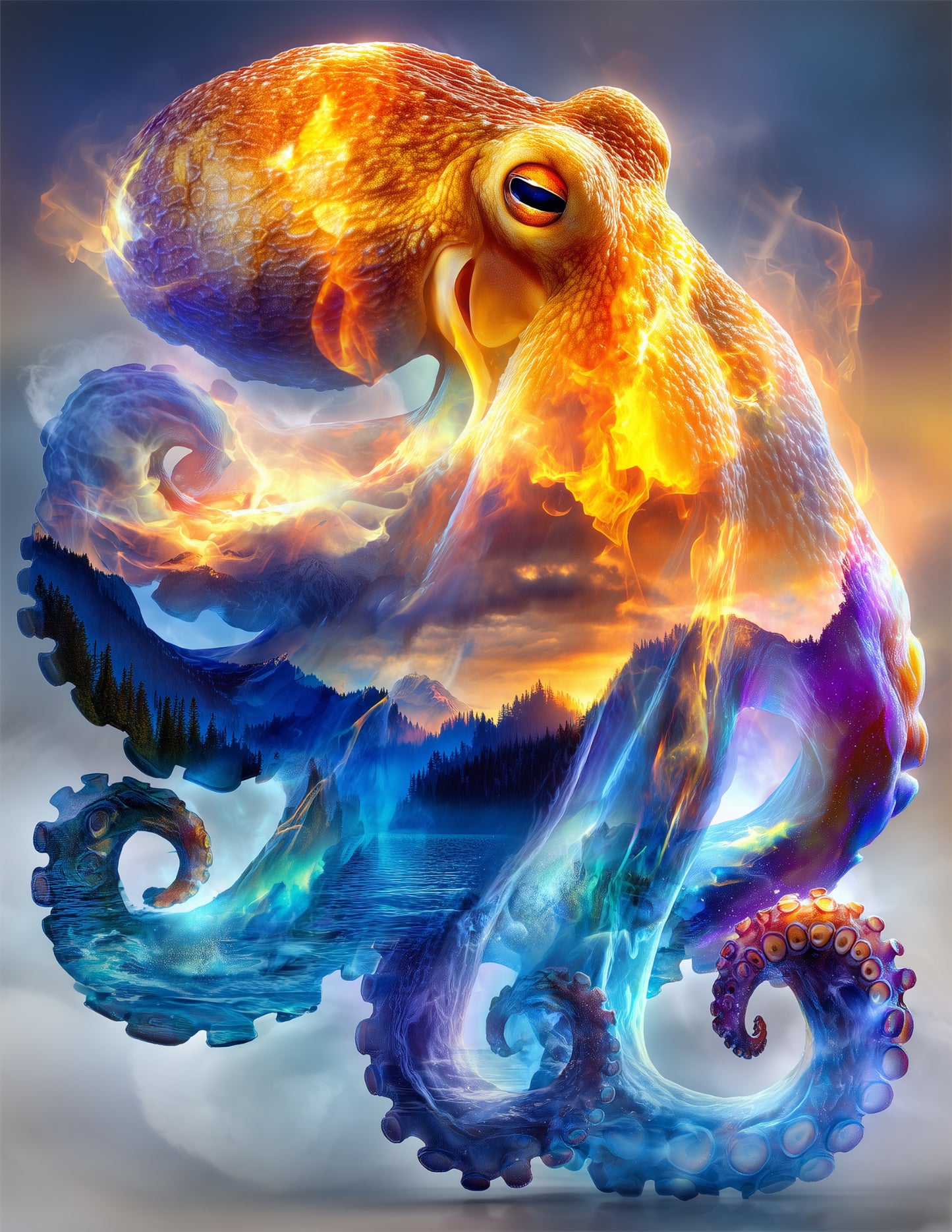 Octopus — Double-Exposure Art, Skyfire Glow Digital Wall Art, 3 Sizes Included, Living Room Decor