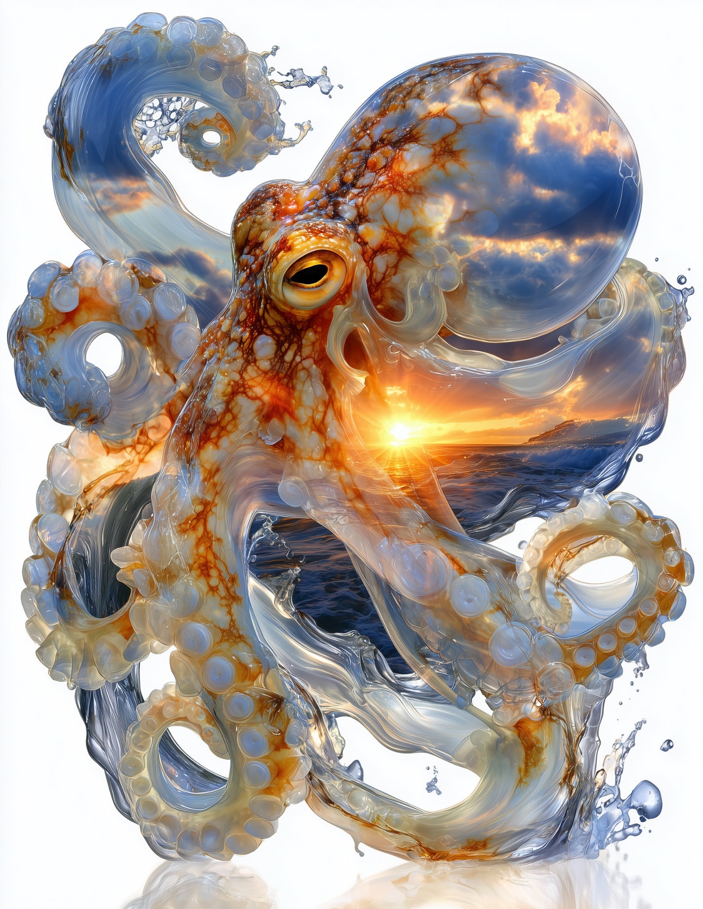 Octopus — Double-Exposure Art, Sunrise Mist Digital Wall Art, 3 Sizes Included, Living Room Decor