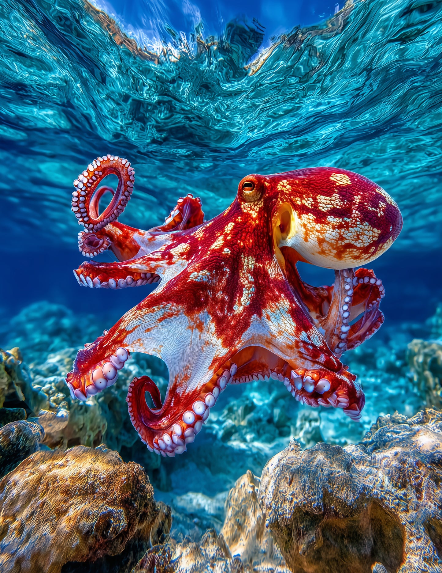 Octopus — Realistic Art, Coral Glow Digital Wall Art, 3 Sizes Included, Living Room Decor