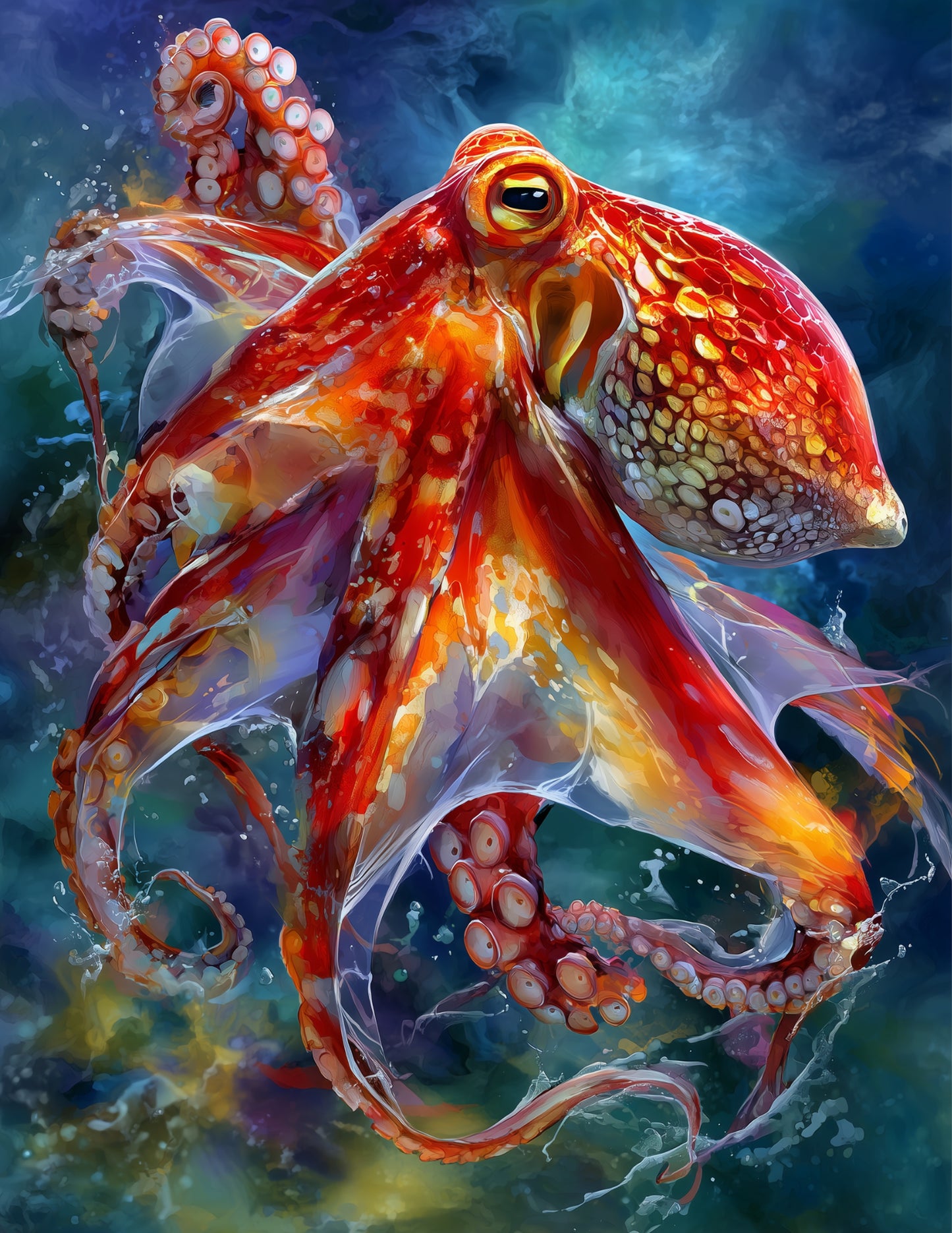 Octopus — Watercolor Art, Crimson Waves Digital Wall Art, 3 Sizes Included, Living Room Decor
