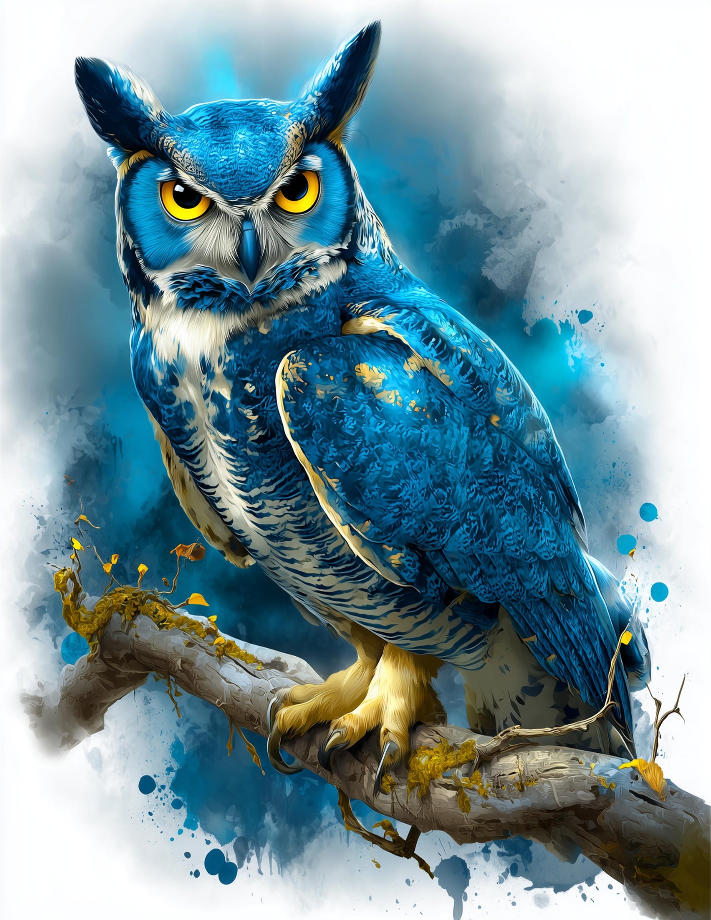 Owl — Watercolor Art, Azure Tones Digital Wall Art, 3 Sizes Included, Living Room Decor