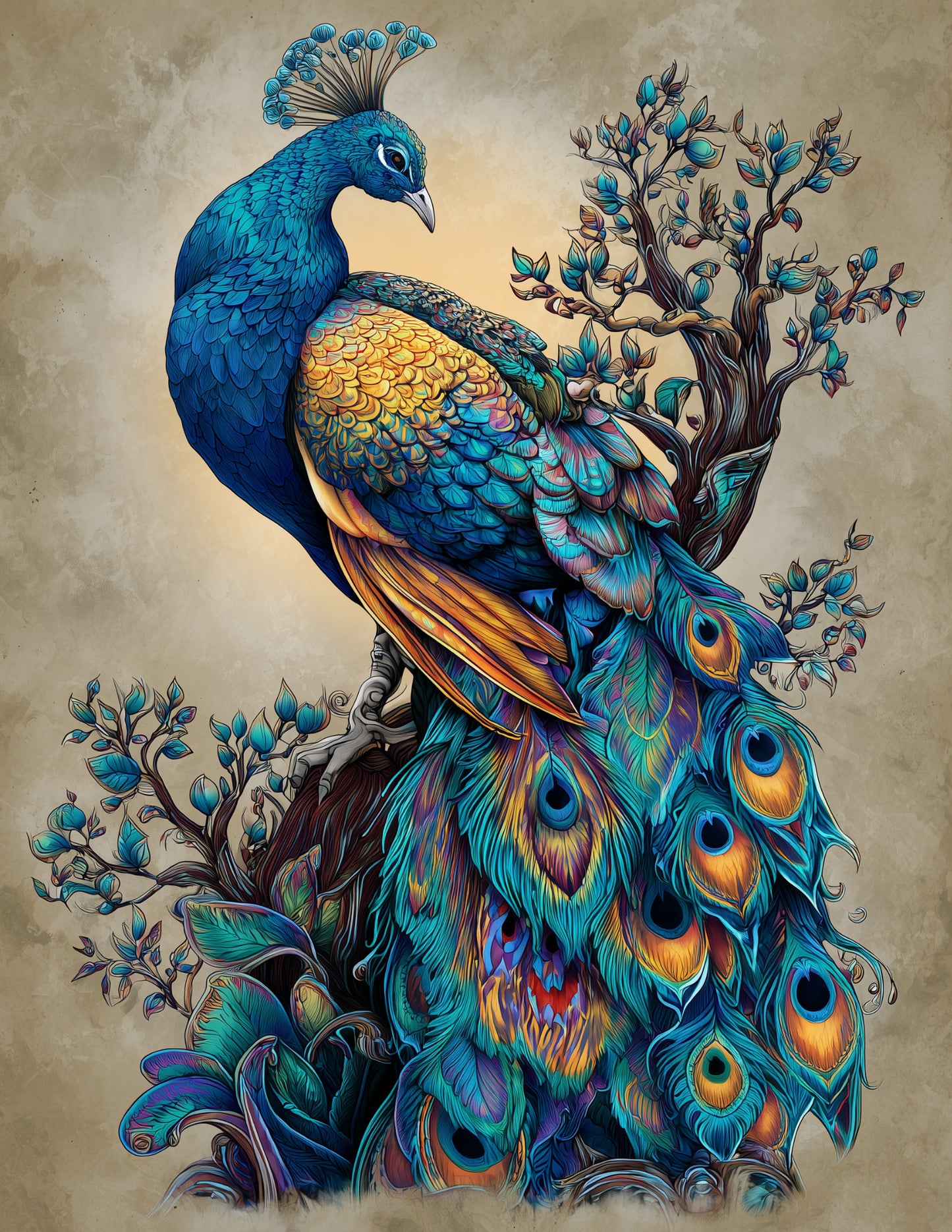 Peacock — Boho Art, Teal Pastels Digital Wall Art, 3 Sizes Included, Living Room Decor