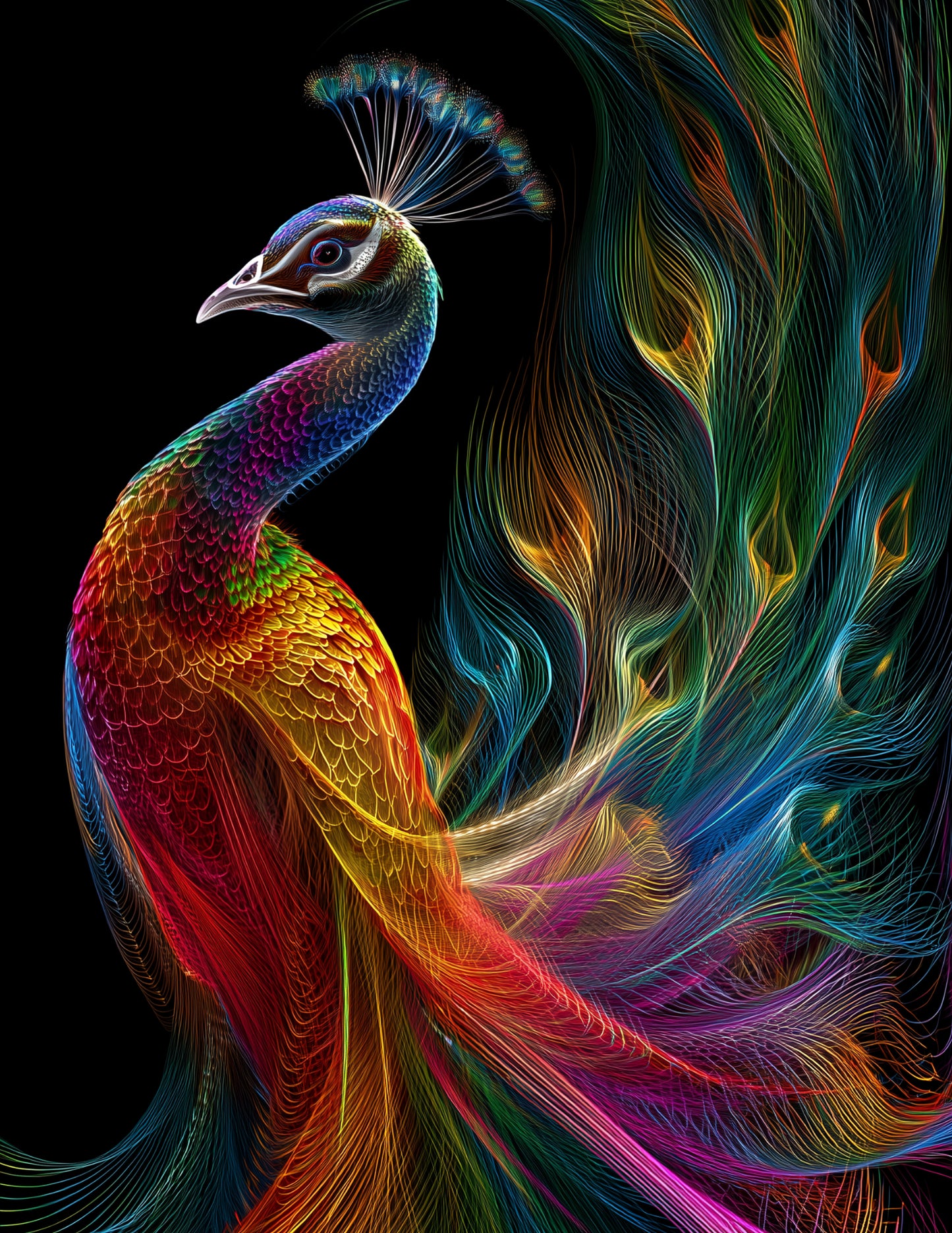 Peacock — Chromatic Filament Art, Calm Mist Digital Wall Art, 3 Sizes Included, Living Room Decor