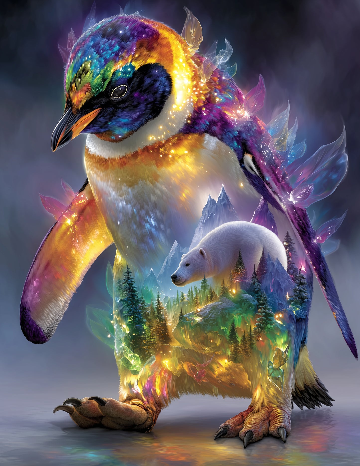 Penguin & Polar Bear — Double Exposure Warm Palette Duo Wall Art, 3 Sizes Included, Living Room Decor