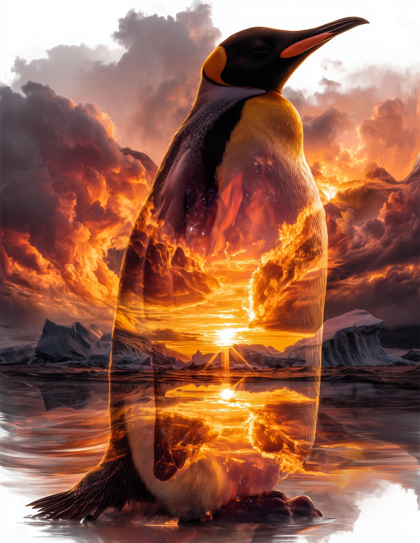 Penguin — Double Exposure Art, Sunset Tones Digital Wall Art, 3 Sizes Included, Living Room Decor