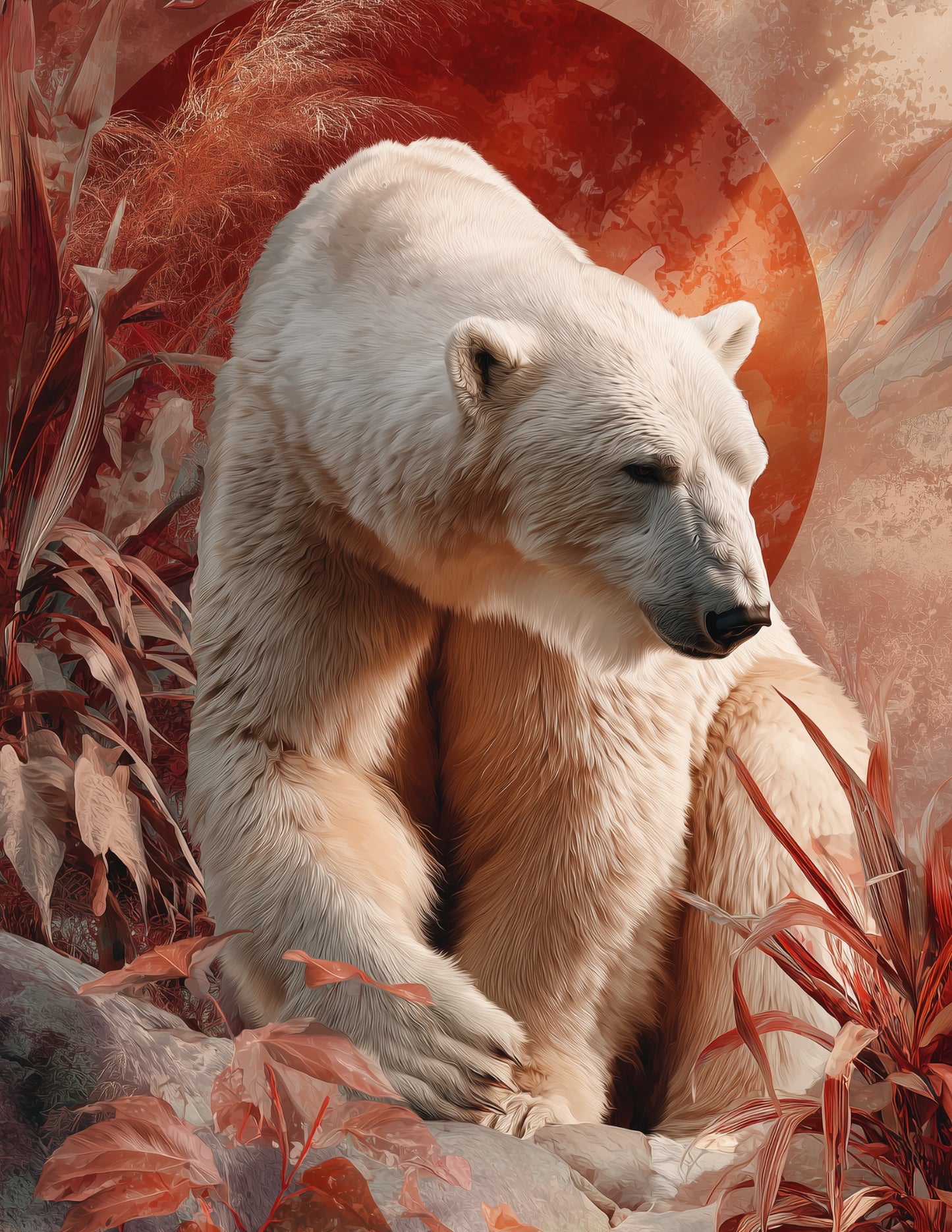 Polar Bear — Boho Art, Crimson Detail Digital Wall Art, 3 Sizes Included, Living Room Decor