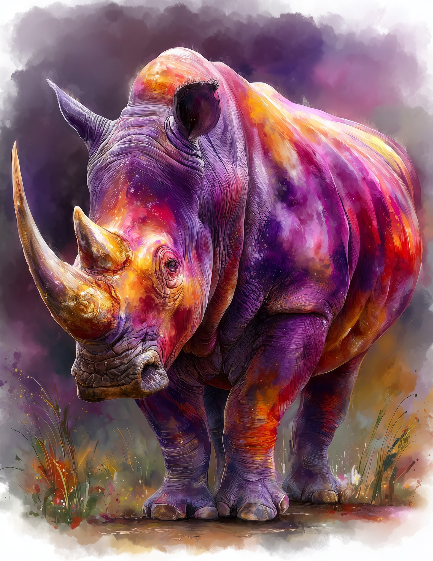 Rhinoceros — Watercolor Art, Moody Palette Digital Wall Art, 3 Sizes Included, Living Room Decor