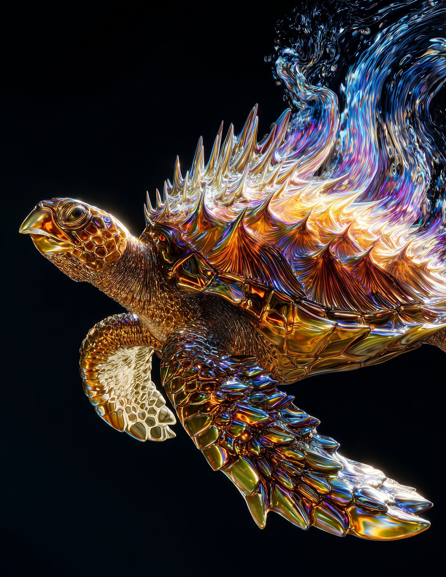 Sea Turtle — Ferrofluid Art, Amber Contrast Digital Wall Art, 3 Sizes Included, Living Room Decor