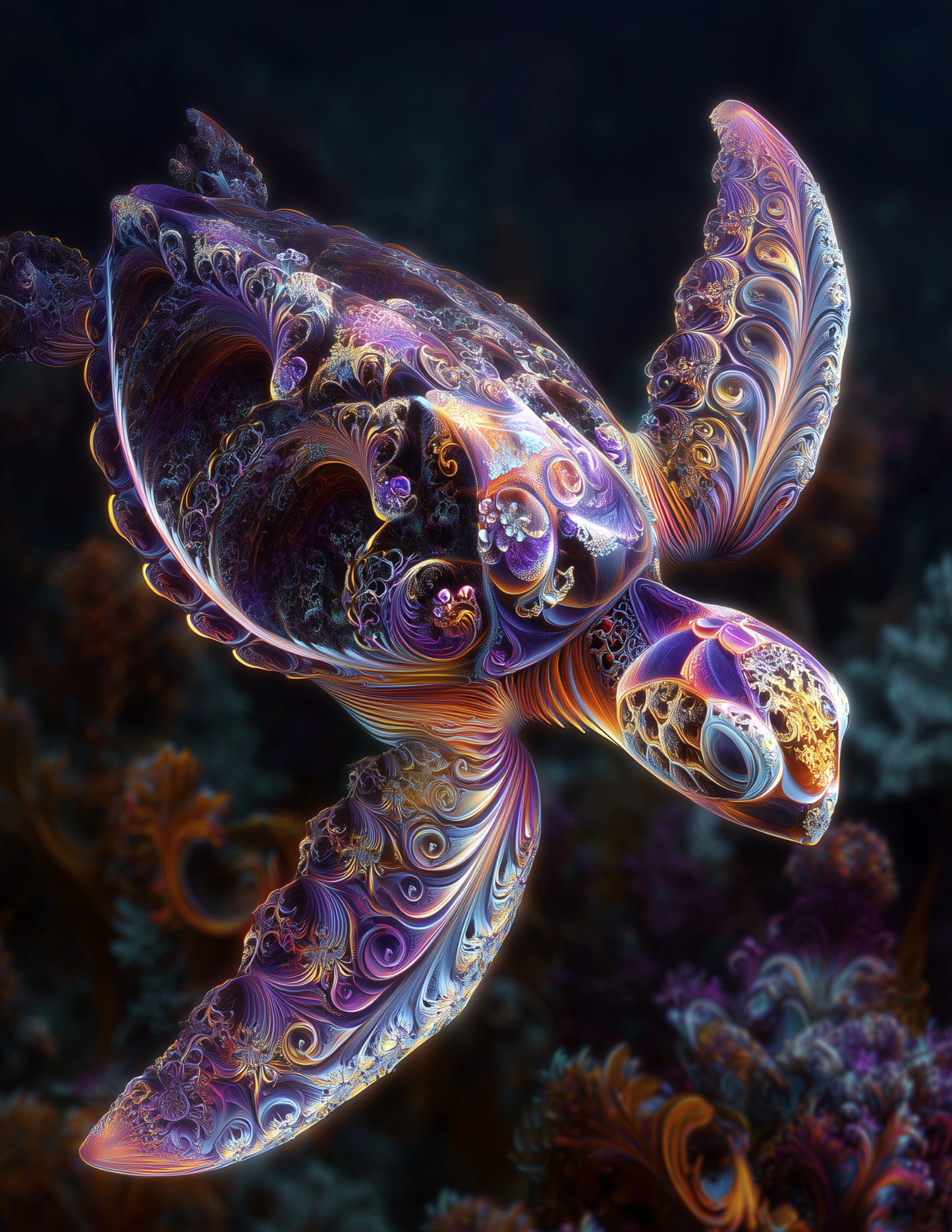 Sea Turtle — Fractal Filigree Art, Cosmic Bloom Digital Wall Art, 3 Sizes Included, Living Room Decor
