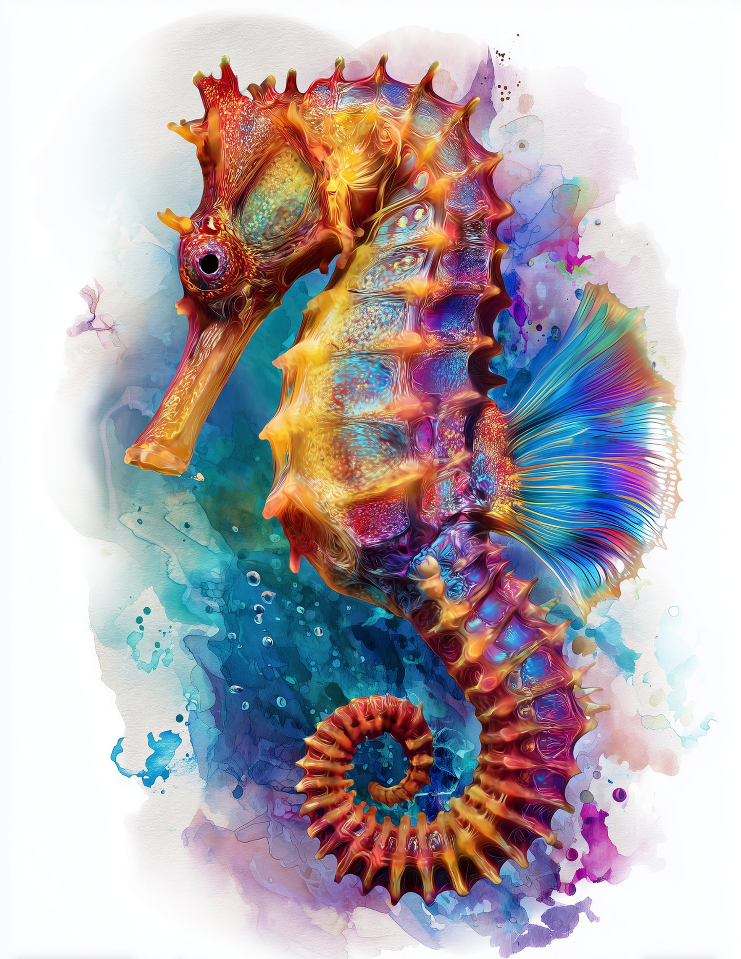 Bullneck Seahorse Watercolor Art, Sapphire Bloom Digital Wall Art, 3 Sizes Included, Living Room Decor
