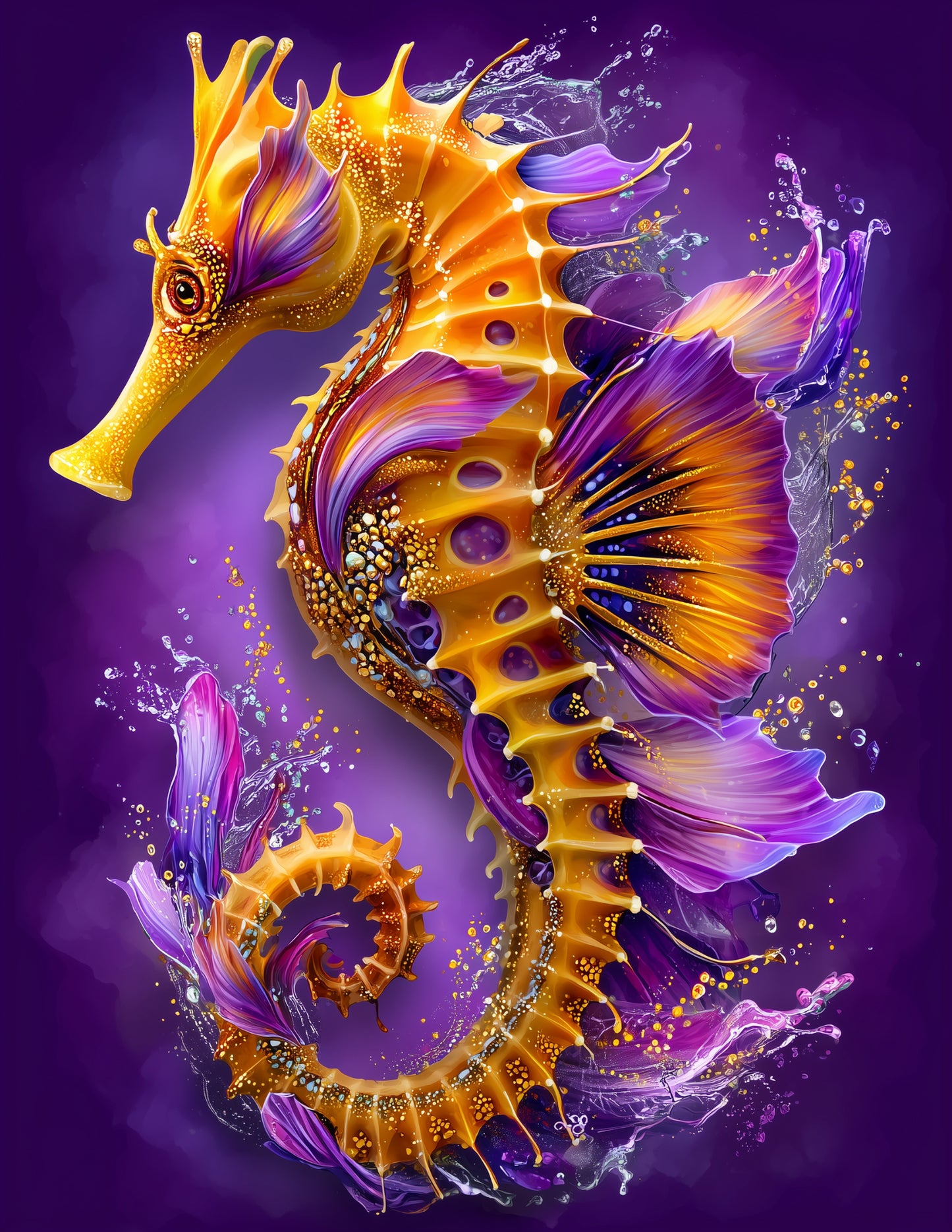 Bullneck Seahorse Watercolor Art, Violet Glow Digital Wall Art, 3 Sizes Included, Living Room Decor
