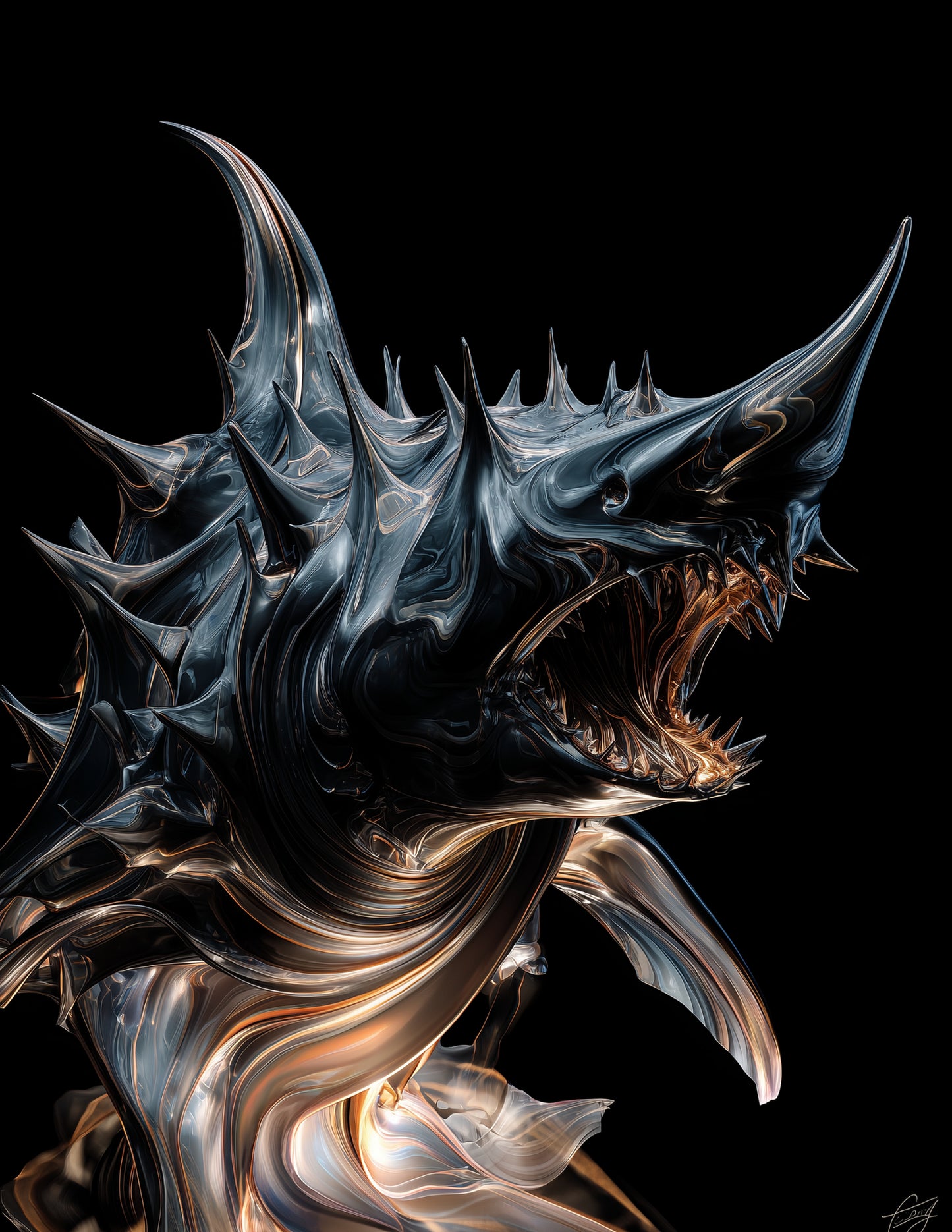 Shark — Ferrofluid Art, Midnight Tones Digital Wall Art, 3 Sizes Included, Living Room Decor