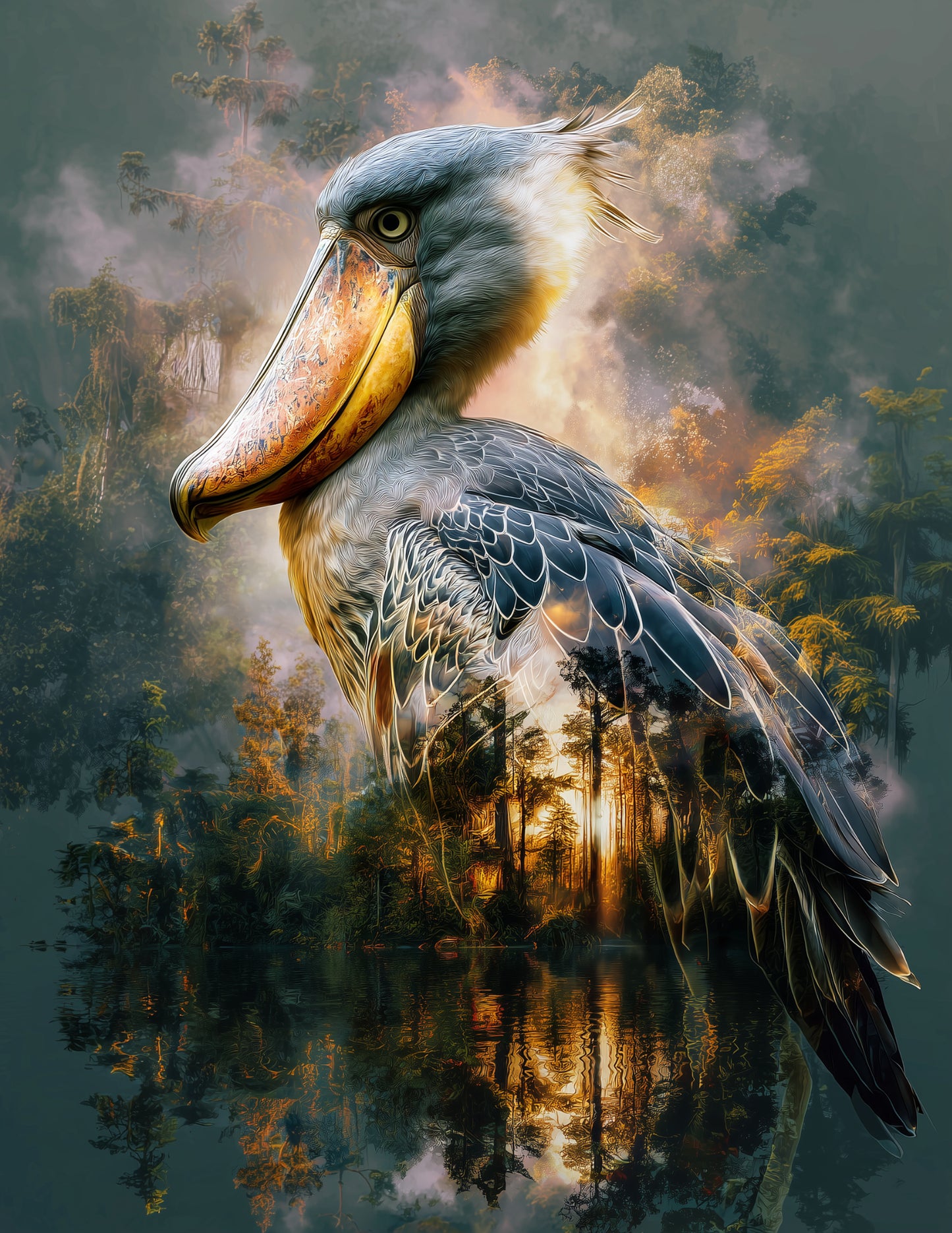 Shoebill Stork — Double Exposure Art, Amber Mist Digital Wall Art, 3 Sizes Included, Living Room Decor