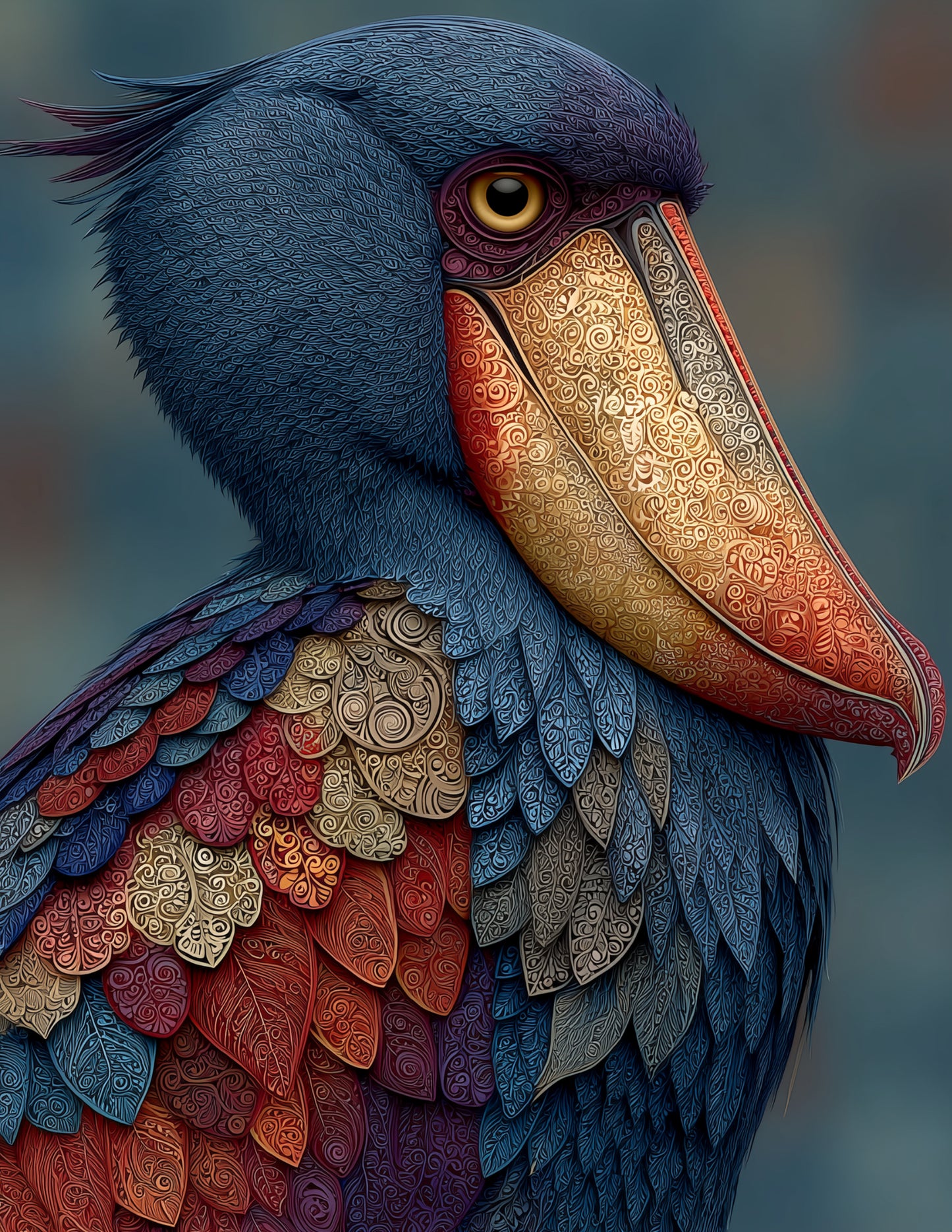 Shoebill Stork — Fractal Filigree Art, Sapphire Hues Digital Wall Art, 3 Sizes Included, Living Room Decor