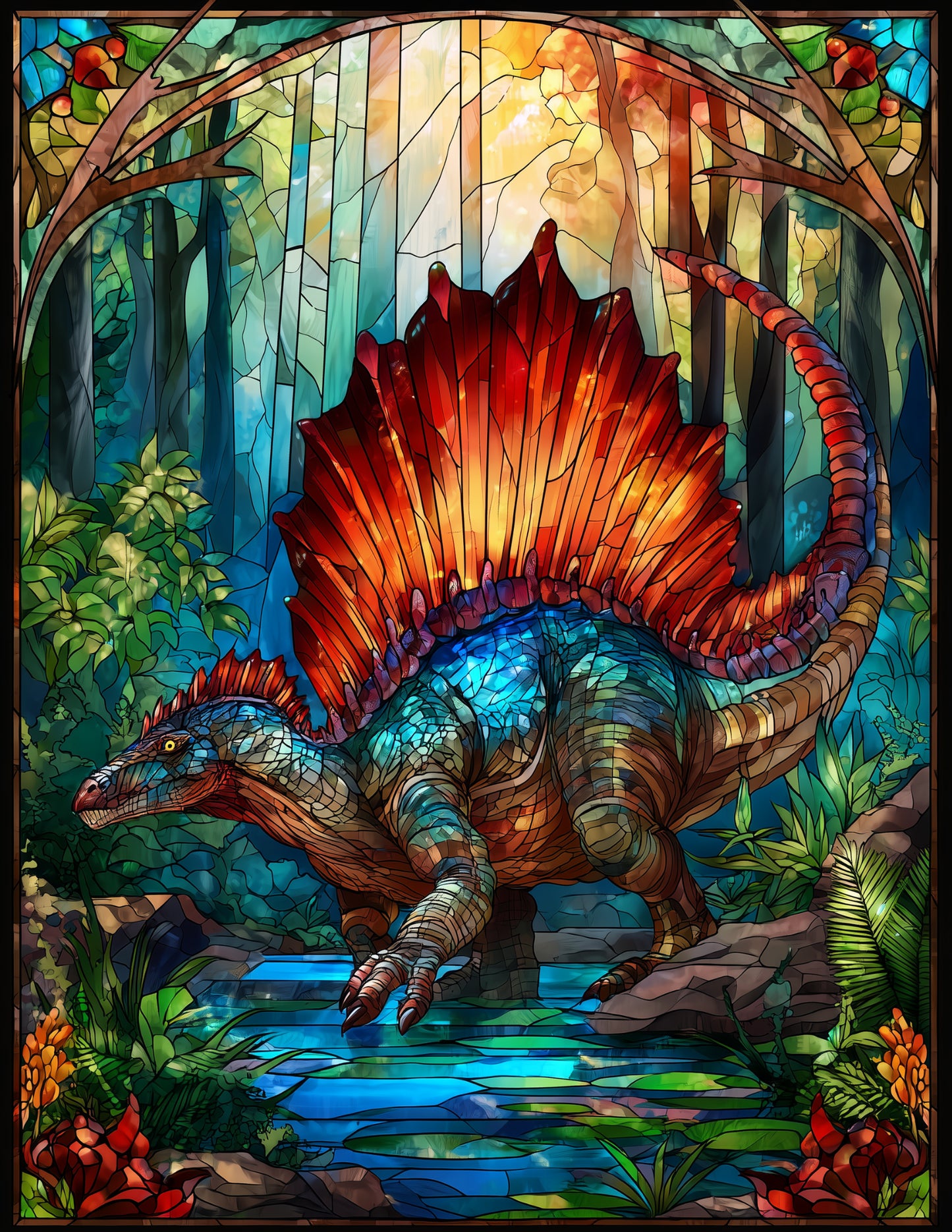 Spinosaurus — Stained Glass Art, Vibrant Palette Digital Wall Art, 3 Sizes Included, Living Room Decor