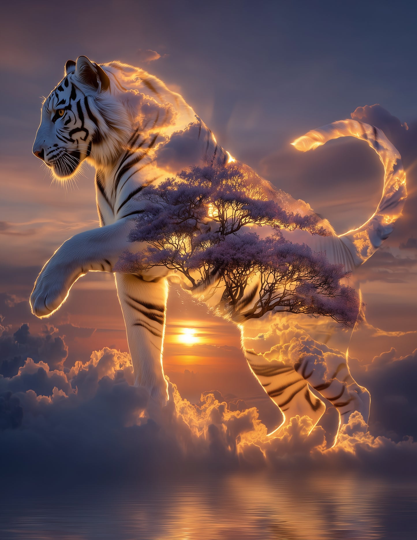 Tiger — Double-Exposure Art, Amber Hues Digital Wall Art, 3 Sizes Included, Living Room Decor
