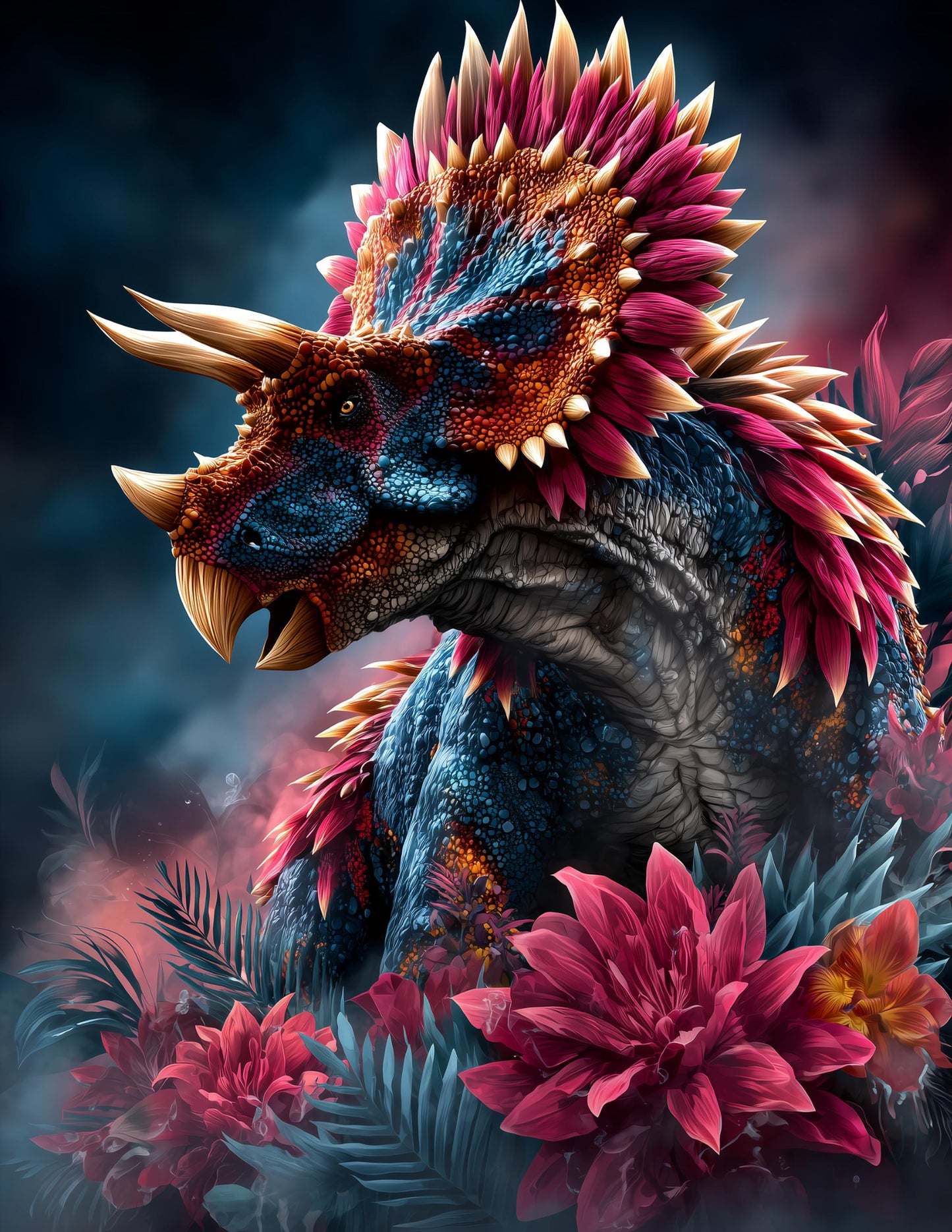 Triceratops — Ferrofluid Art, Electric Bloom Digital Wall Art, 3 Sizes Included, Living Room Decor