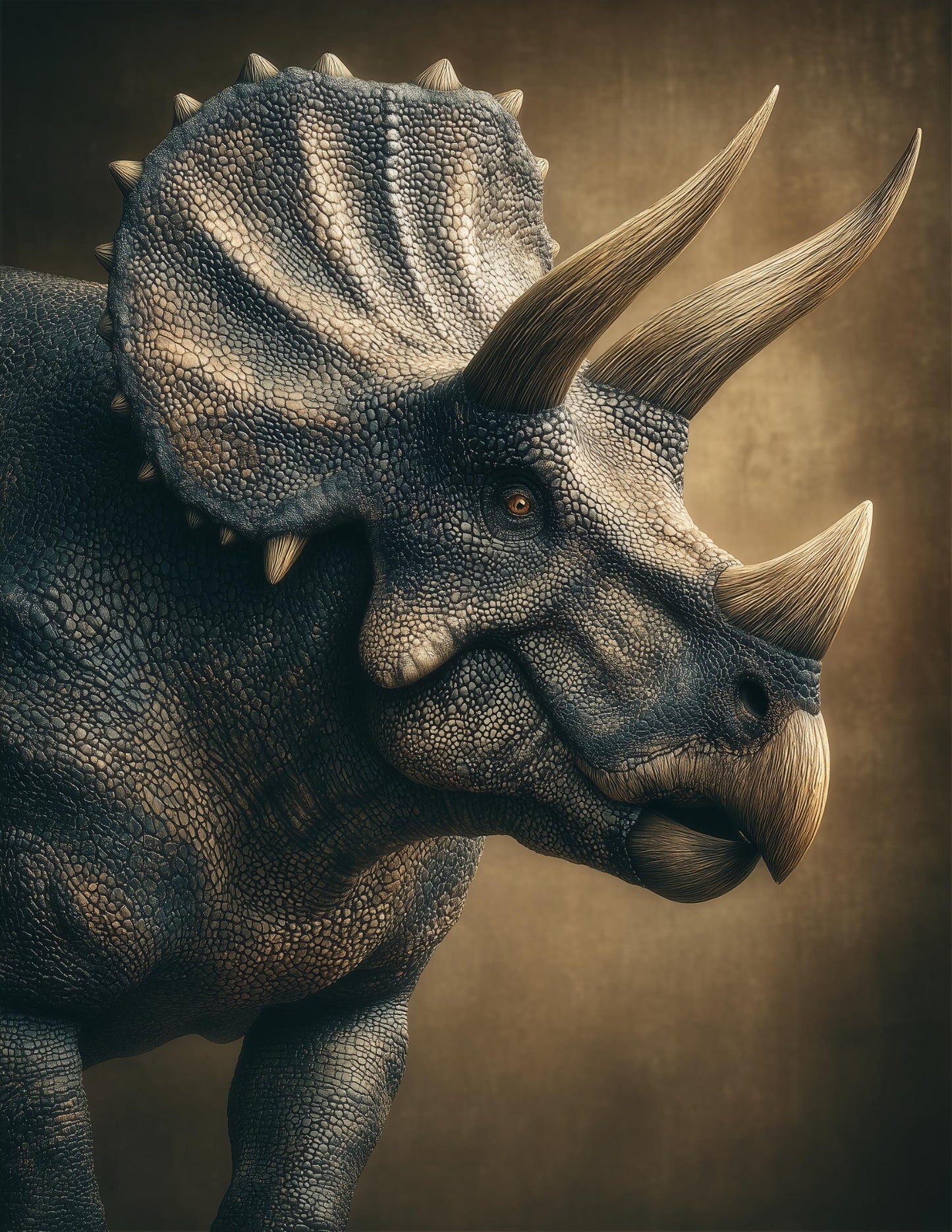 Triceratops — Realistic Art, Warm Ochre Digital Wall Art, 3 Sizes Included, Living Room Decor