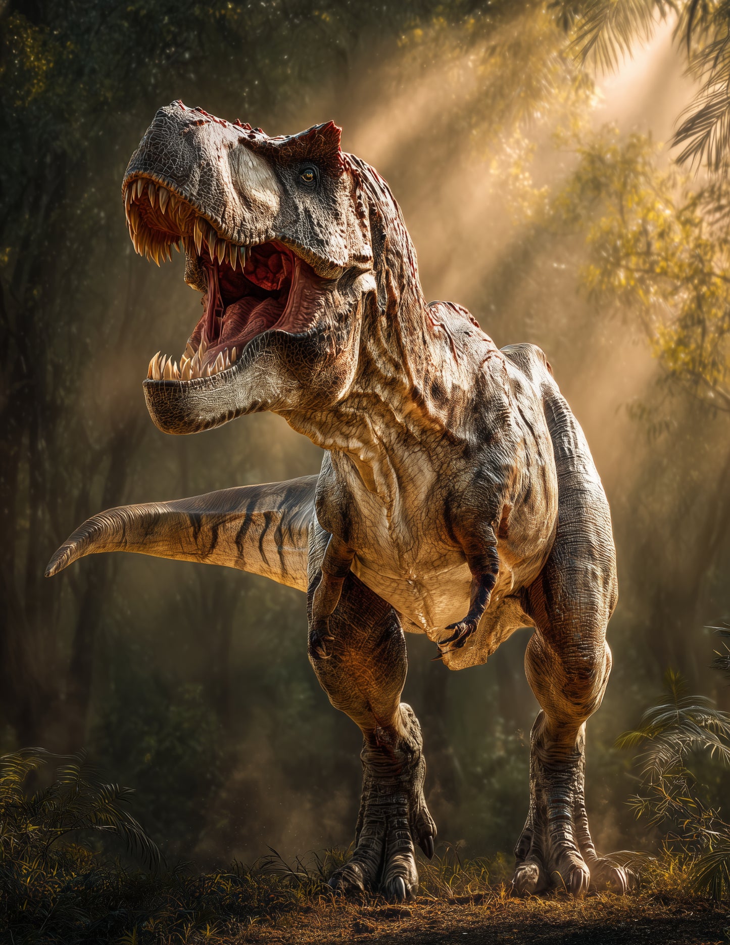 Tyrannosaurus Rex — Realistic Art, Forest Light Digital Wall Art, 3 Sizes Included, Living Room Decor