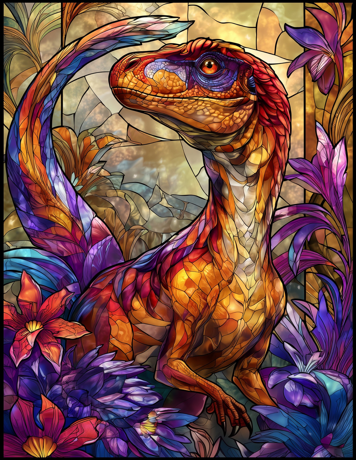 Velociraptor — Stained Glass Art, Color Variation Digital Wall Art, 3 Sizes Included, Living Room Decor
