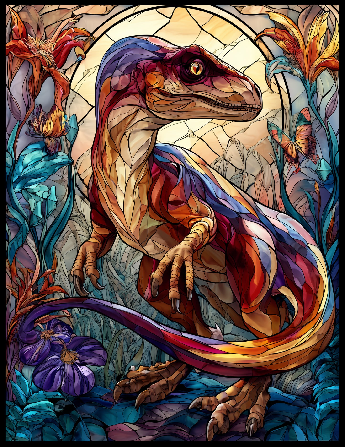 Velociraptor — Stained Glass Art, Refined Detail Digital Wall Art, 3 Sizes Included, Living Room Decor