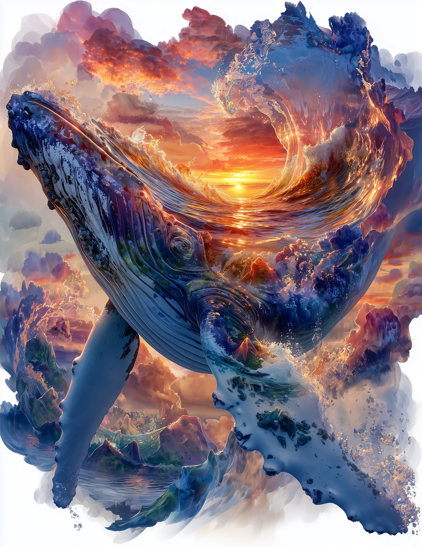 Whale — Double Exposure Art, Sunset Palette Digital Wall Art, 3 Sizes Included, Living Room Decor