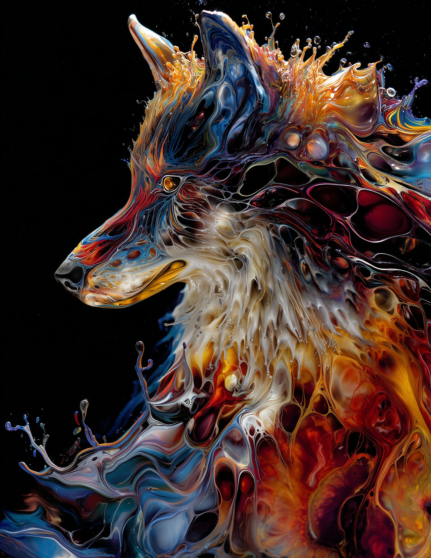 Wolf — Ferrofluid Art, Amber Tones Digital Wall Art, 3 Sizes Included, Living Room Decor