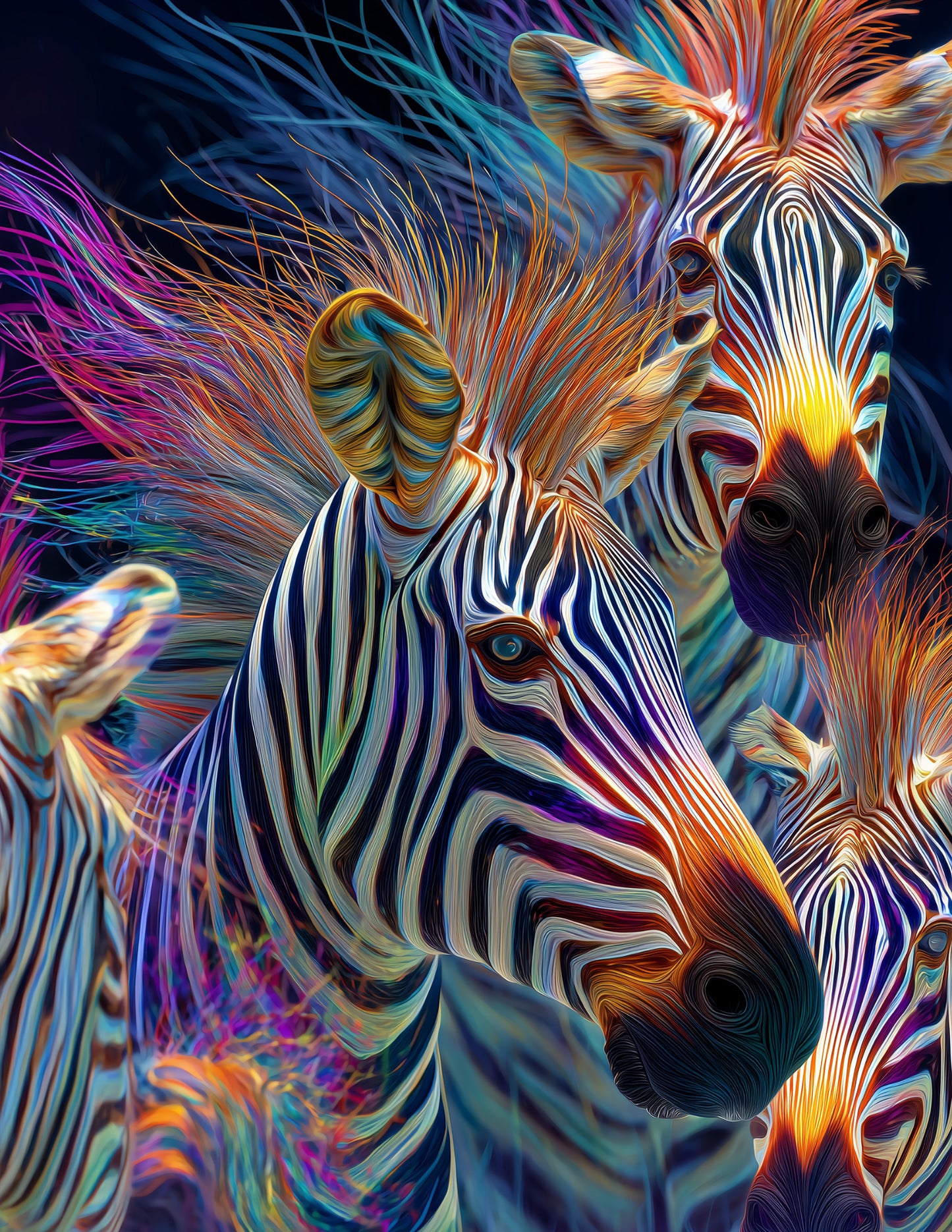 Zebra — Chromatic Filament Herd Art, Midnight Palette Digital Wall Art, 3 Sizes Included, Living Room Decor