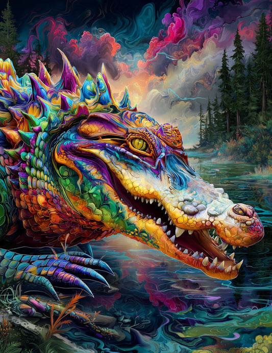 Alligator — Pyschedelic Art, Bold Contrast Digital Wall Art, 3 Sizes Included, Living Room Decor