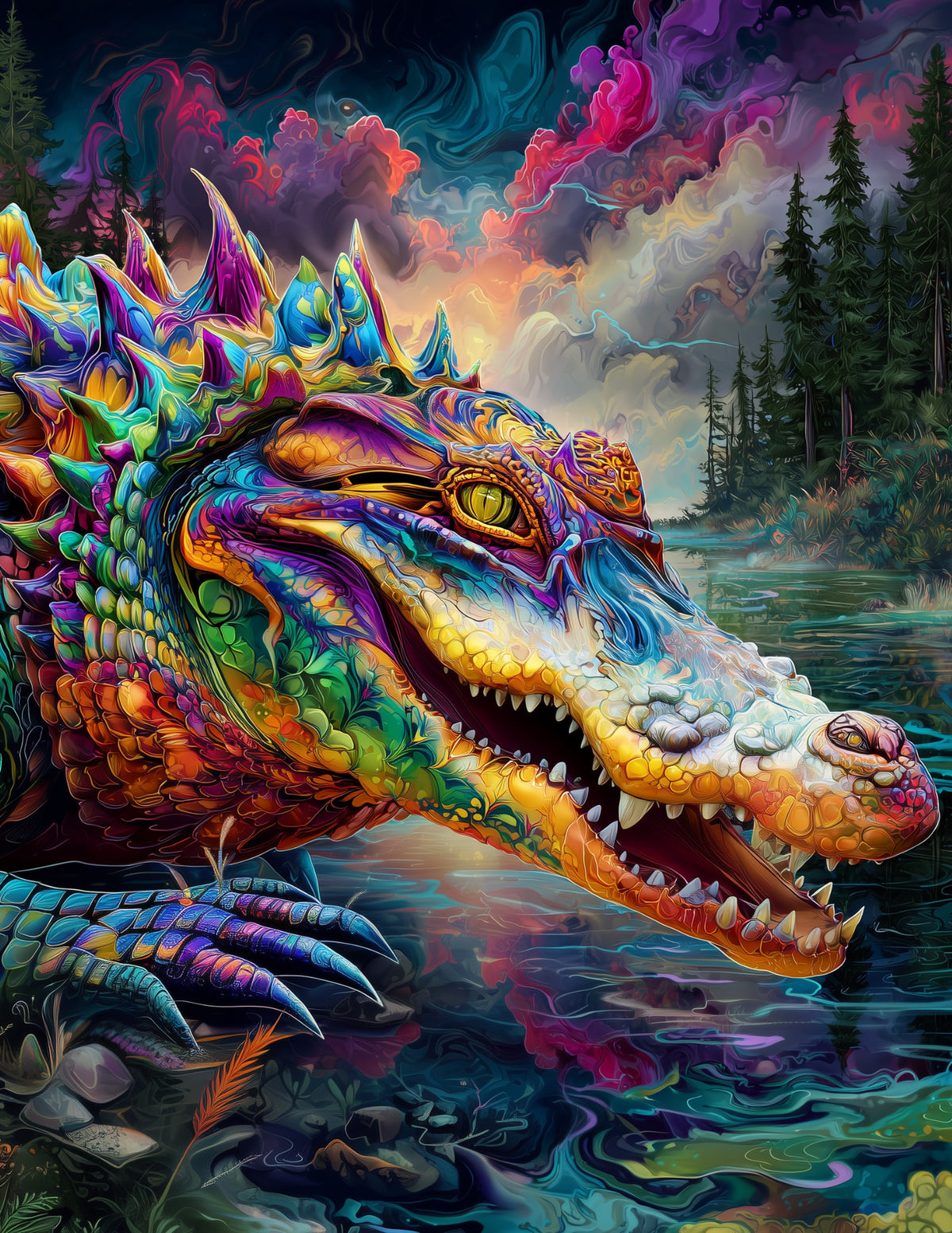 Alligator — Psychedelic Art, Bold Contrast Digital Wall Art, 3 Sizes Included, Living Room Decor