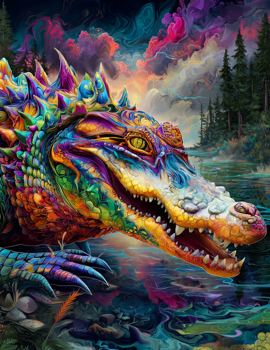 Alligator — Pyschedelic Art, Bold Contrast Digital Wall Art, 3 Sizes Included, Living Room Decor