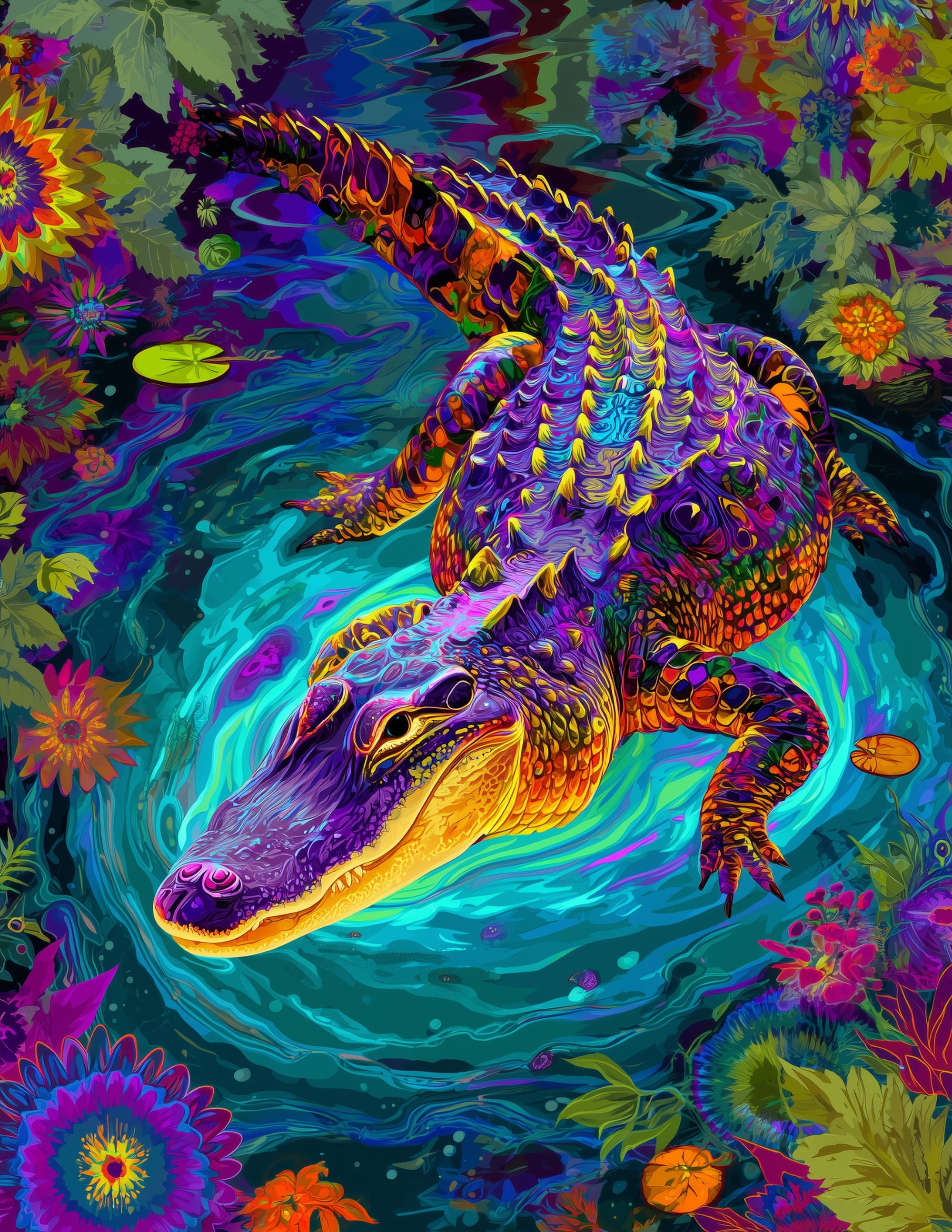 Alligator — Psychedelic Art, Coral Palette Digital Wall Art, 3 Sizes Included, Living Room Decor