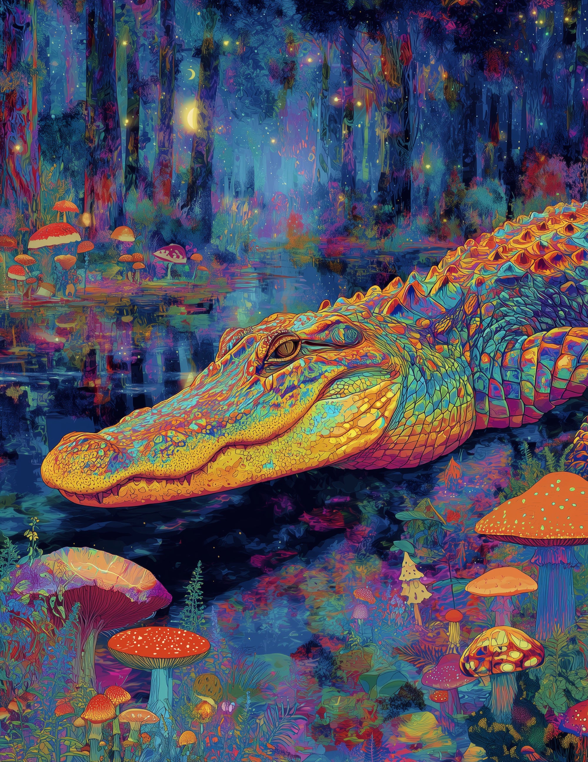 Alligator — Psychedelic Art, Forest Hues Digital Wall Art, 3 Sizes Included, Living Room Decor