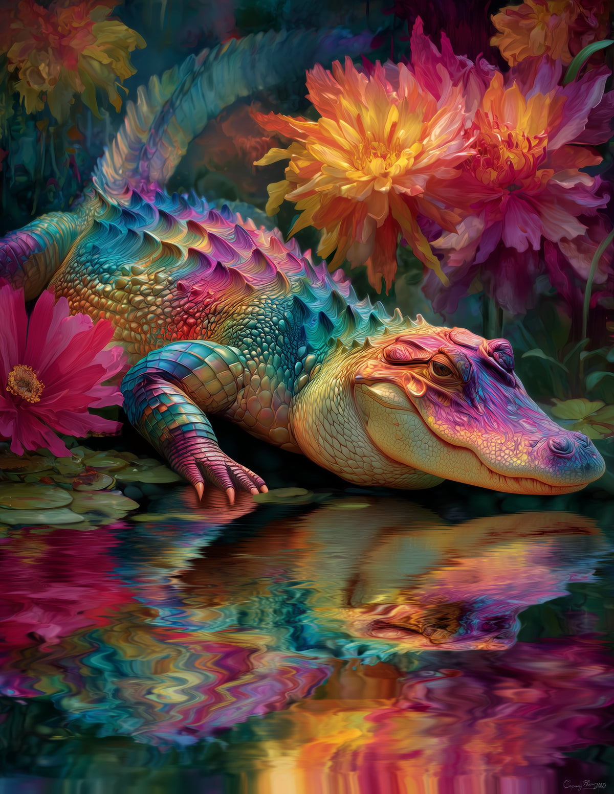 Alligator — Psychedelic Art, Midnight Tones Digital Wall Art, 3 Sizes Included, Living Room Decor