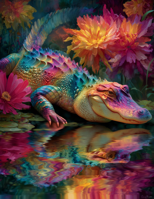 Alligator — Pyschedelic Art, Midnight Tones Digital Wall Art, 3 Sizes Included, Living Room Decor