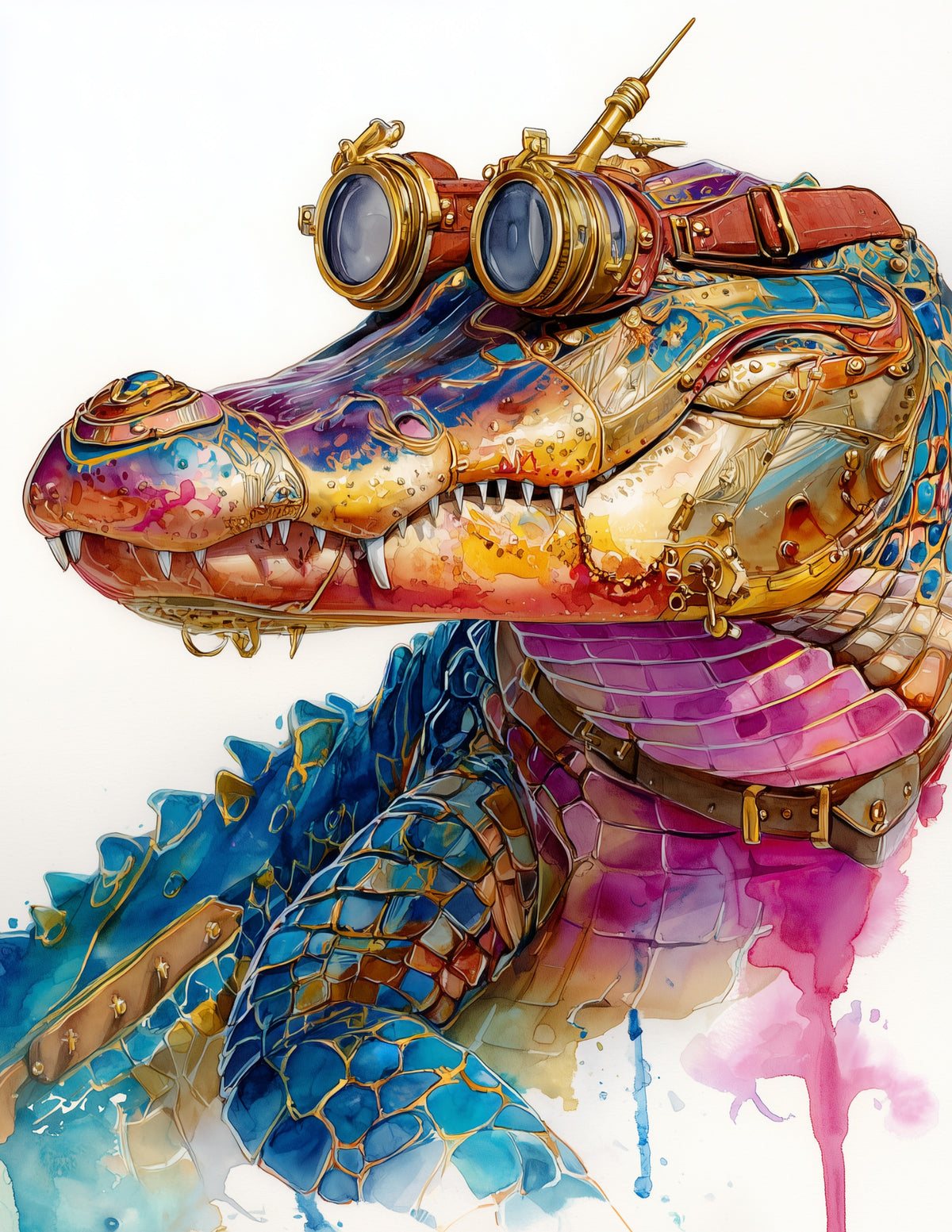 Alligator — Steampunk Art, Emerald Tones Digital Wall Art, 3 Sizes Included, Living Room Decor