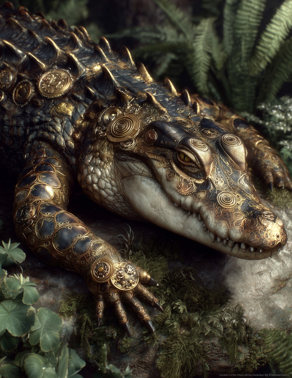 Alligator — Steampunk Art, Midnight Contrast Digital Wall Art, 3 Sizes Included, Living Room Decor